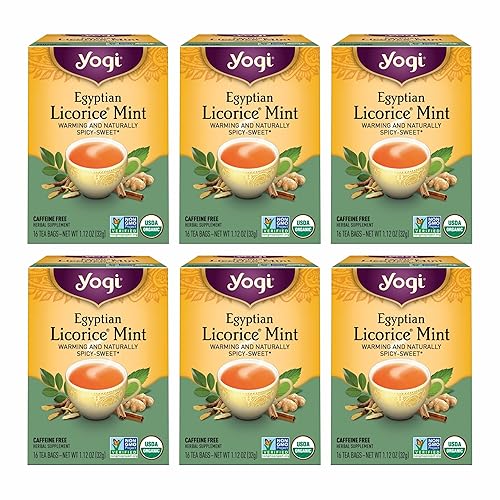 Yogi Tea Egyptian Licorice Mint Tea - 16 Tea Bags per Pack (6 Packs) - Caffeine-Free Organic Tea - Includes Peppermint Leaf, Licorice Root, Cinnamon
