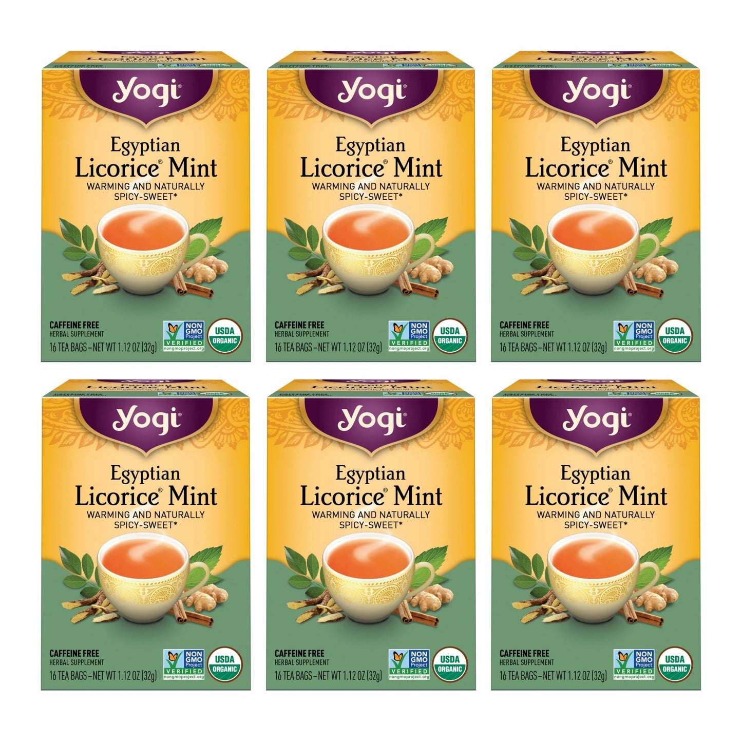 Yogi Tea Egyptian Licorice Mint Tea - 16 Tea Bags per Pack (6 Packs) - Caffeine-Free Organic Tea - Includes Peppermint Leaf, Licorice Root, Cinnamon