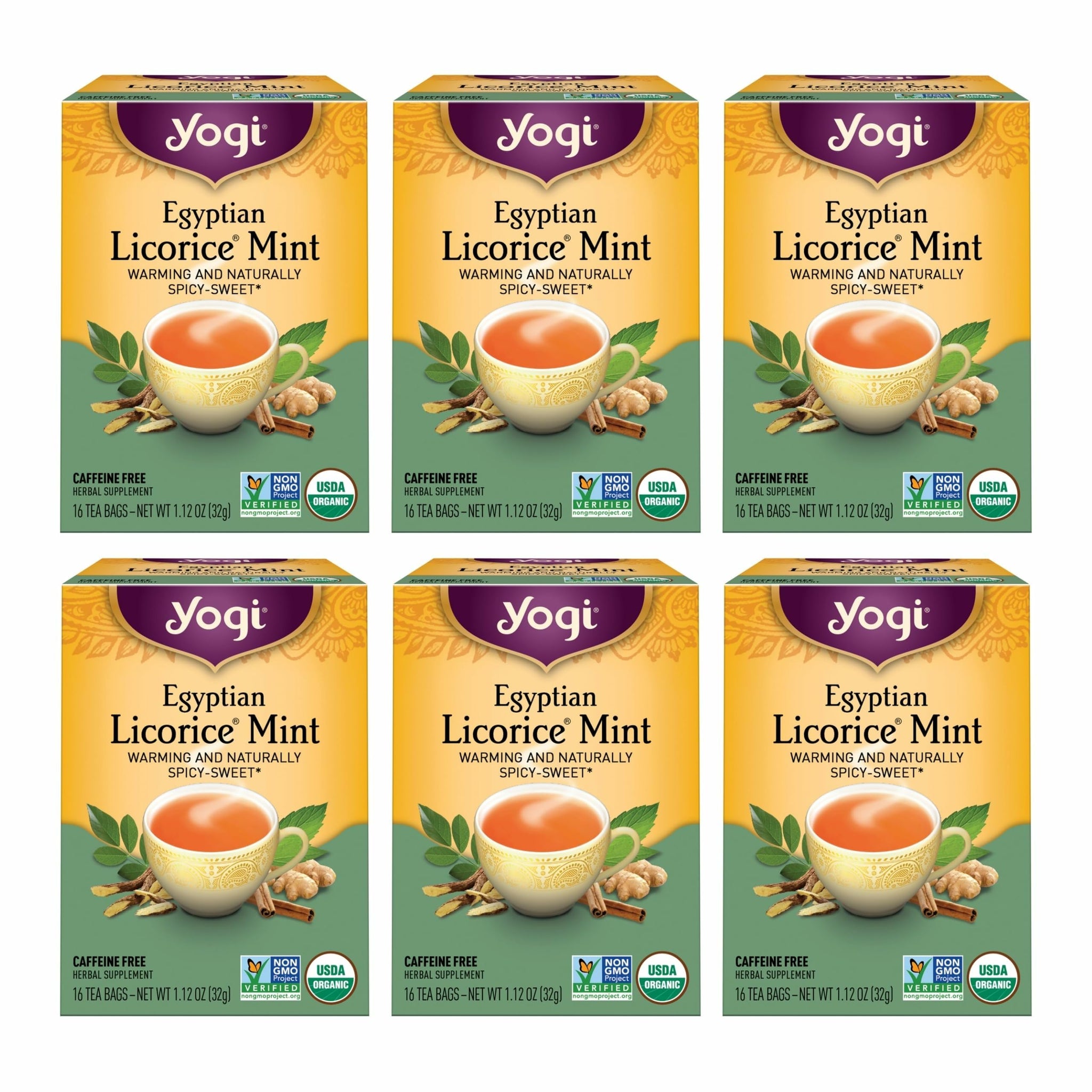 Yogi Tea Egyptian Licorice Mint Tea - 16 Tea Bags per Pack (6 Packs) - Caffeine-Free Organic Tea - Includes Peppermint Leaf, Licorice Root, Cinnamon