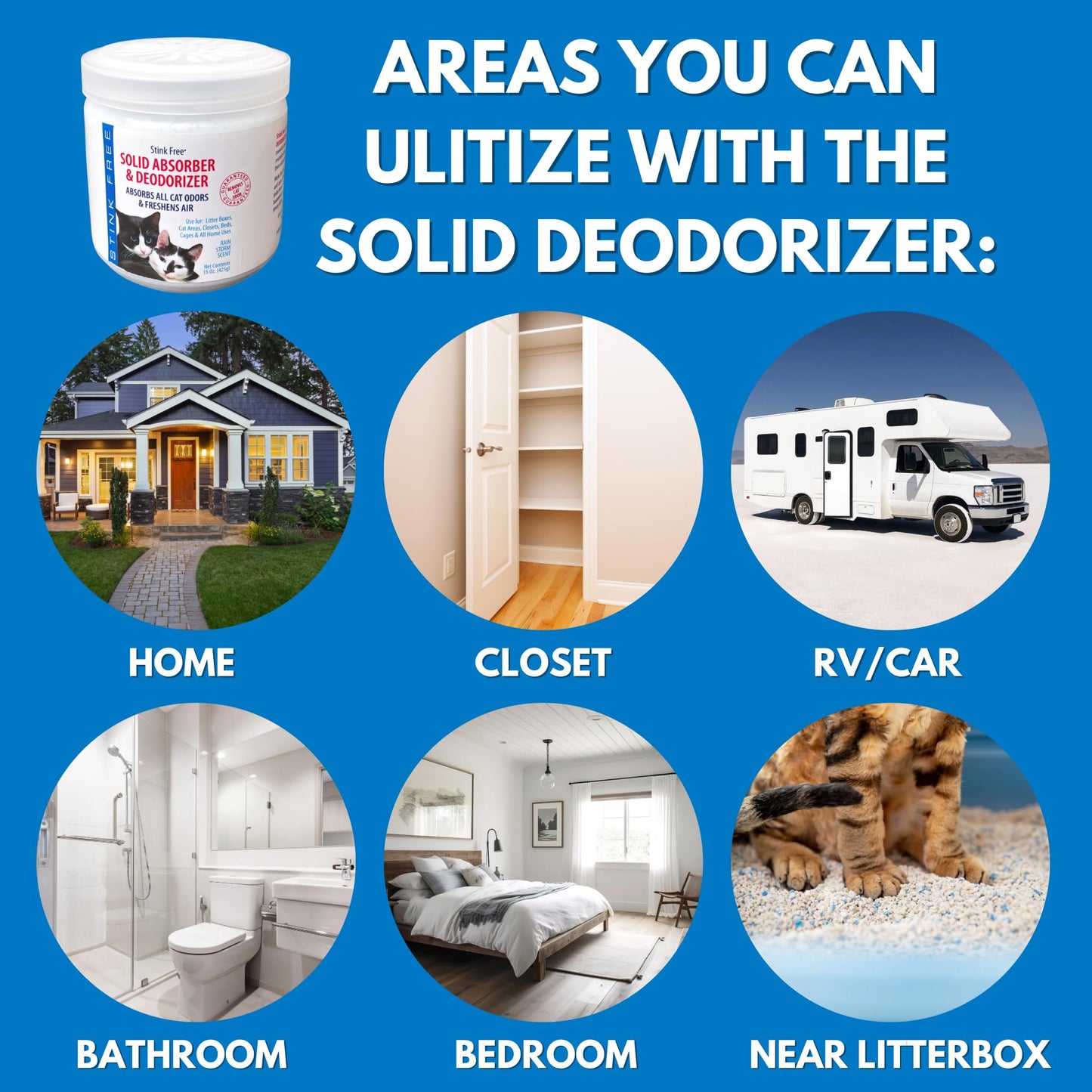 Stink Free Cat Litter Solid Deodorizer, Absorber & Room Purifier - Air Freshener, Bathroom Odor Eliminator, Basement, Control Bedroom Odor, House