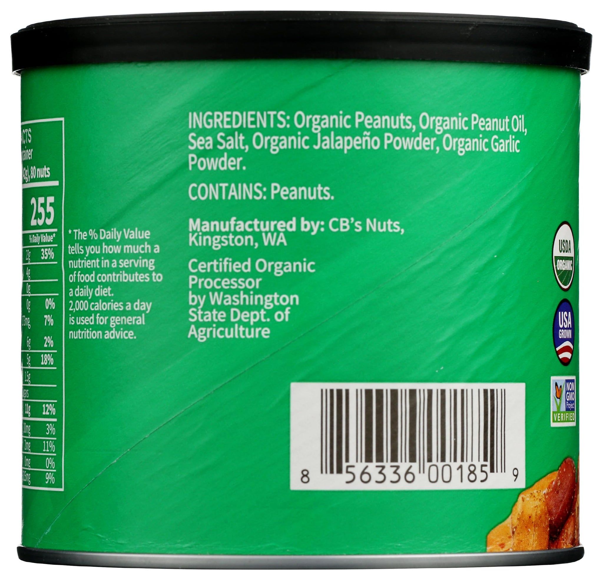 CB's Nuts Organic Jalapeño Kettle Roasted Peanuts - 1 Ingredient, USA Grown, Slow Roasted in Small Batches, USDA Organic, Non-GMO Verified, 14 oz Can