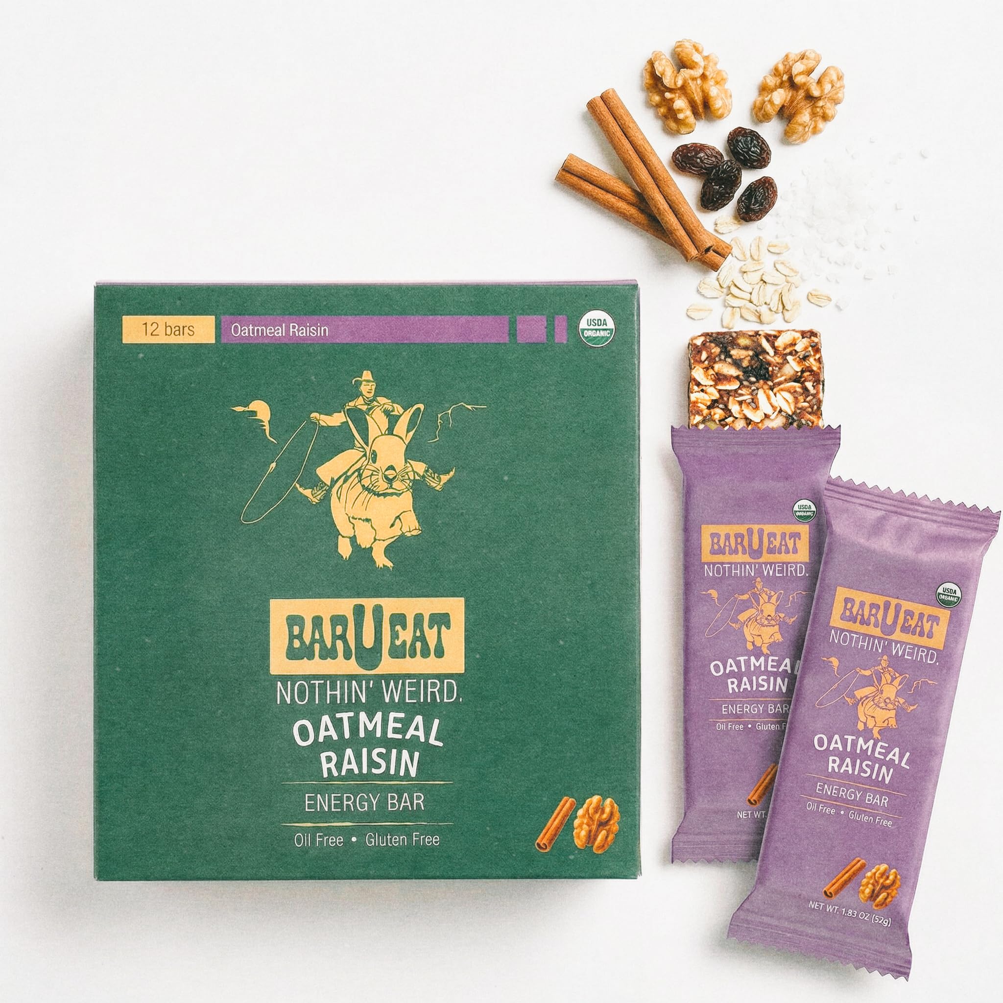 BAR U EAT Gluten-Free, High Fiber, Energy Bar. Real Food Ingredients | Oil Free | Organic | No Artificial Sugar | Healthy Snacks (Oatmeal Raisin 12