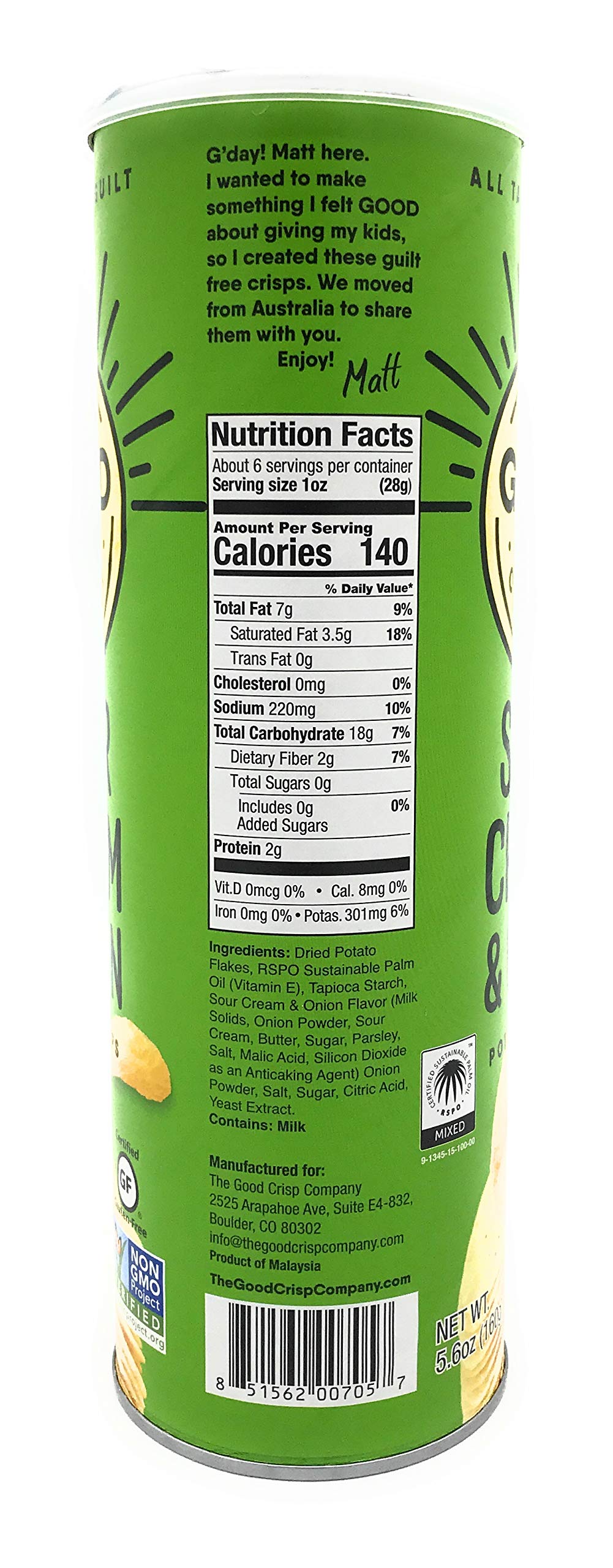 The Good Crisp Company Sour Cream & Onion Gluten-Free Potato Chips, 5.6 Ounce (Pack of 1), Non-GMO & Allergen-Friendly Snacks
