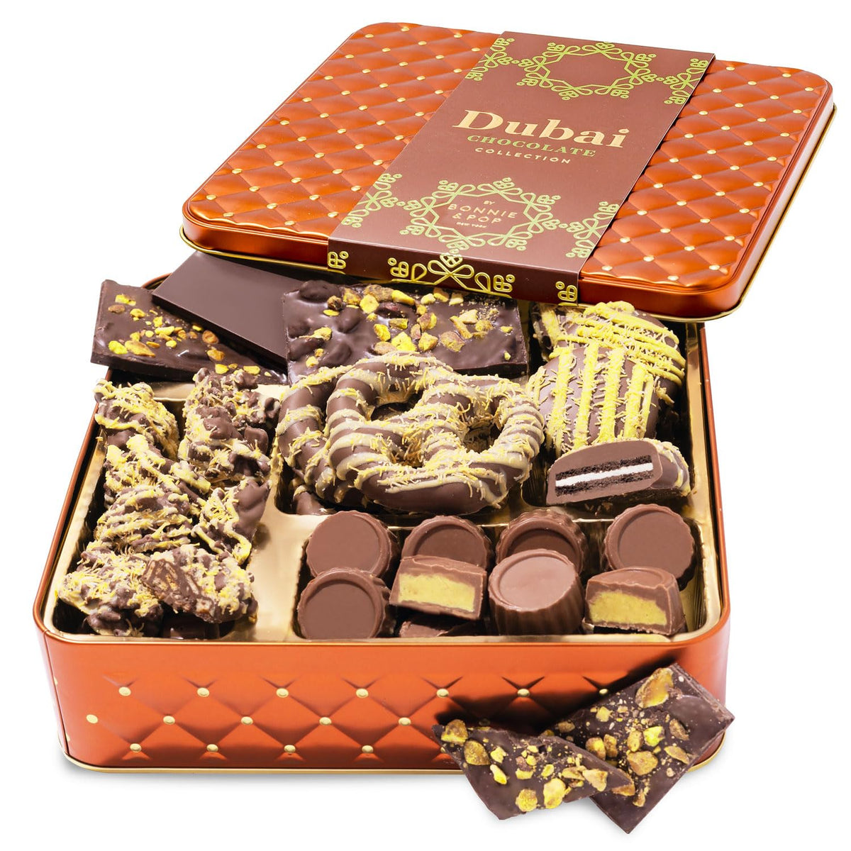 Dubai Chocolate Gift Basket- Christmas Holiday Pistachio Trend Candy Assortment Gift Box- Food Present Idea for Men, Women, Corporate- Bonnie & Pop