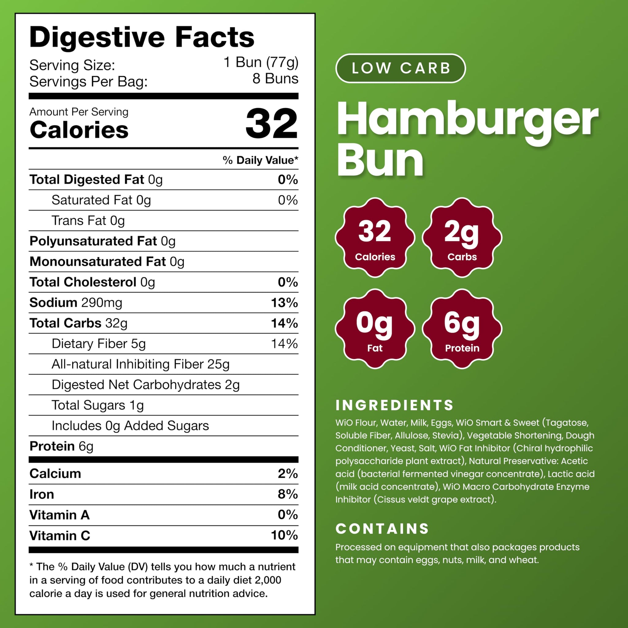 WiO SmartFoods™ Hamburger Buns, 16-Count Low-Carb, Fat-Free, Keto-Friendly, Fluffy & Delicious, All-Natural, Perfect for Burgers & Sandwiches, (2