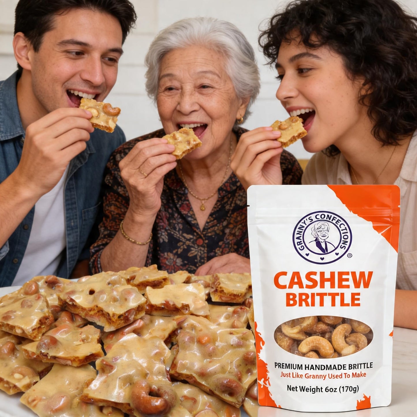 Granny's Confections Old-Fashioned Cashew Brittle - 6oz Bag - Premium Gourmet Candy Handmade Just Like Granny Made. Loaded with Whole Cashews