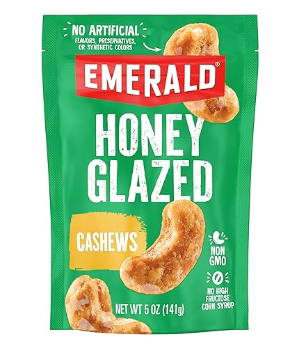 Emerald Nuts Honey Glazed Cashews (1-Pack), 5oz Resealable Bag, Kosher Dairy Certified, Non-GMO, Contains No Artificial Preservatives, Flavors or