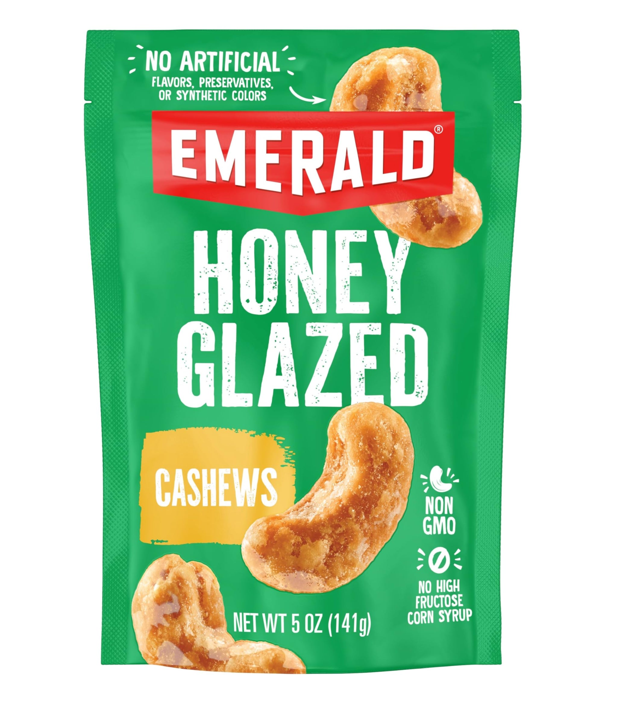 Emerald Nuts Honey Glazed Cashews (1-Pack), 5oz Resealable Bag, Kosher Dairy Certified, Non-GMO, Contains No Artificial Preservatives, Flavors or