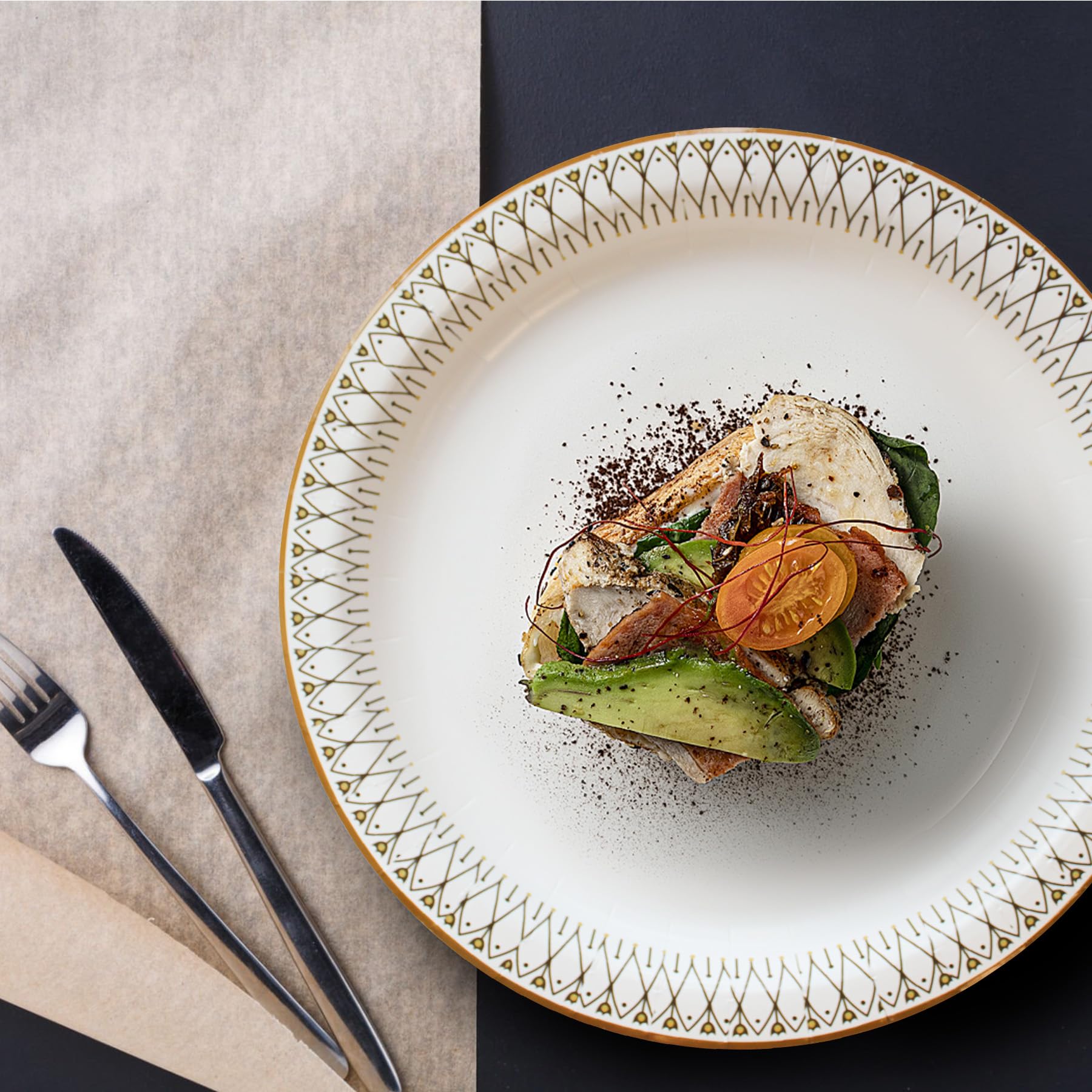 yesbox 150-Pack Elegant Gold Rim 10-Inch Paper Plates - Premium Disposable Dinnerware for Weddings, Parties, and Special Occasions