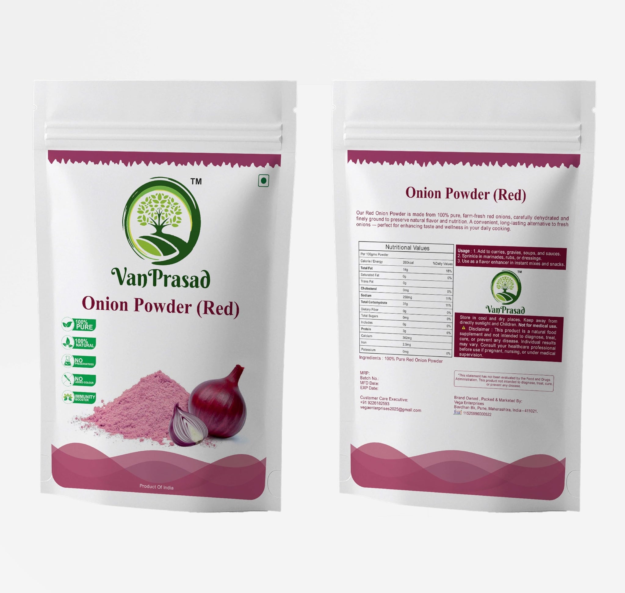 VanPrasad Pure Red Onion Powder | Natural & Hygienic | Rich Flavor & Aroma | No Preservatives | Vegan & Gluten-Free | Ideal for Curries, Soups