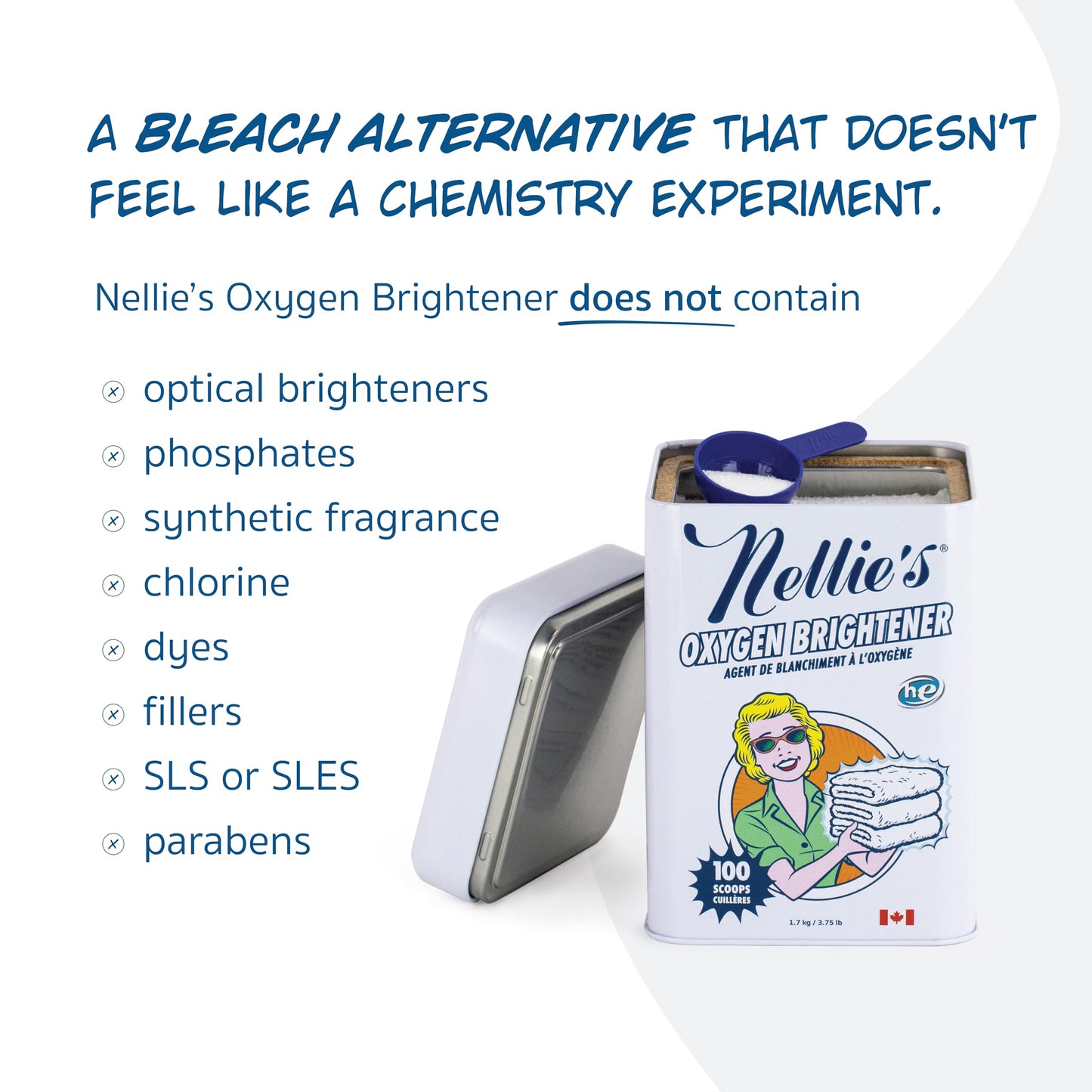 Nellie's Oxygen Brightener - 100 Scoops - Planet Friendly Stain Remover - Safe Alternative to Bleach - Septic-Safe Formula - Compact Powder Form