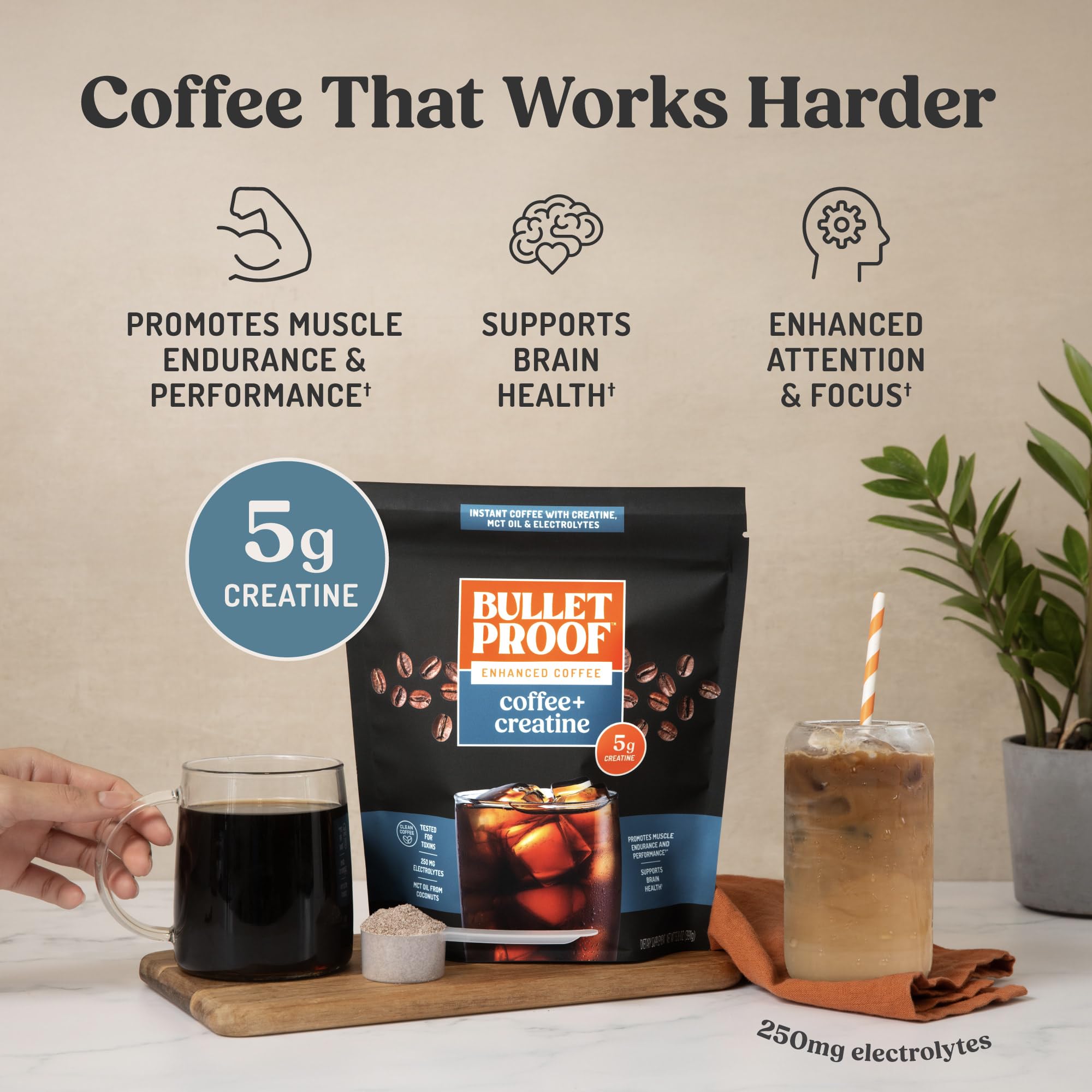 Bulletproof Coffee + Creatine Instant Coffee, 5g Micronized Creatine Monohydrate with Electrolytes & MCT Oil, Clean Toxin-Tested Beans, Energy