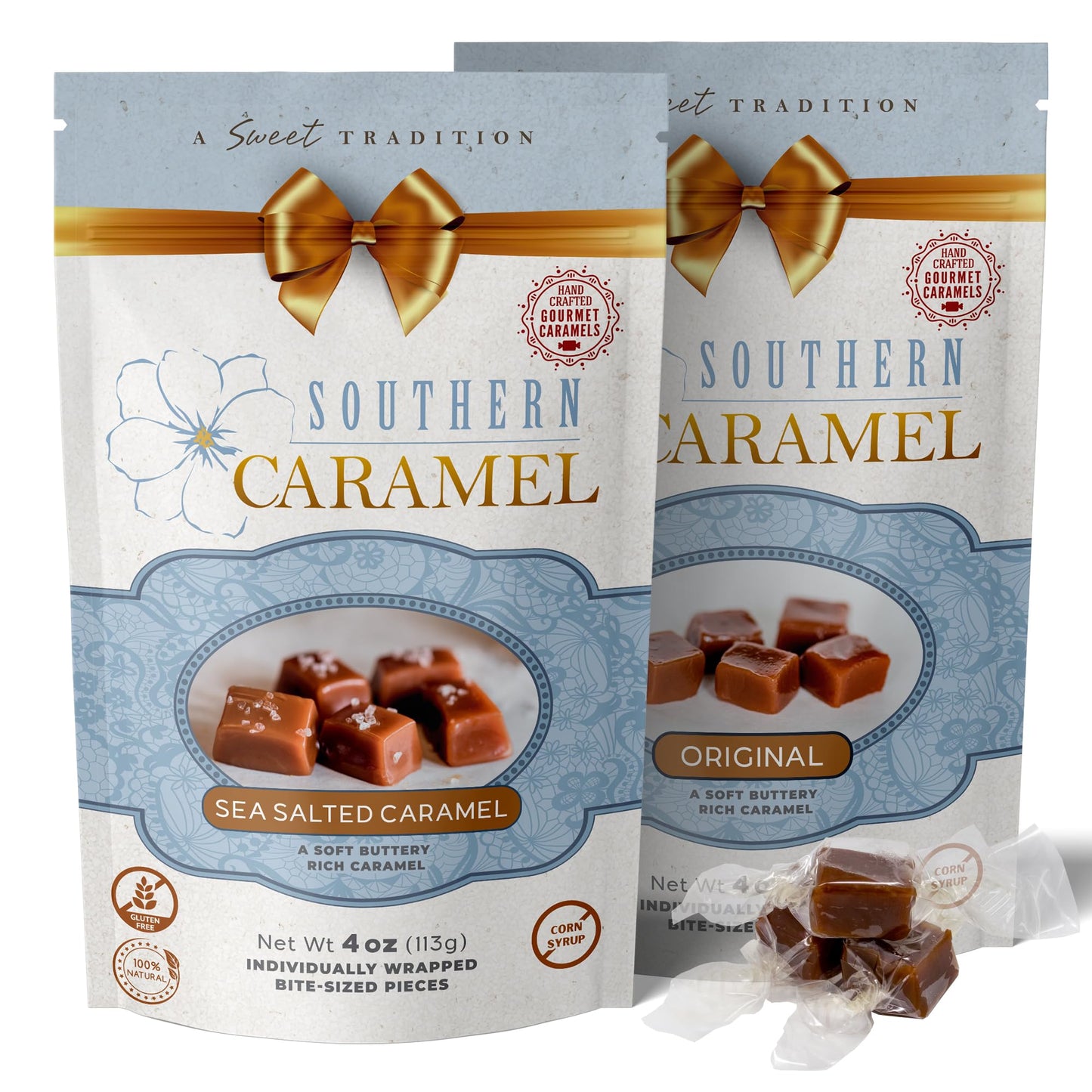 Southern Caramel Gourmet Caramel Bundle, Soft Buttery Original & Sea Salted Caramels, Handcrafted in Small Batches, Gluten Free, No Corn Syrup