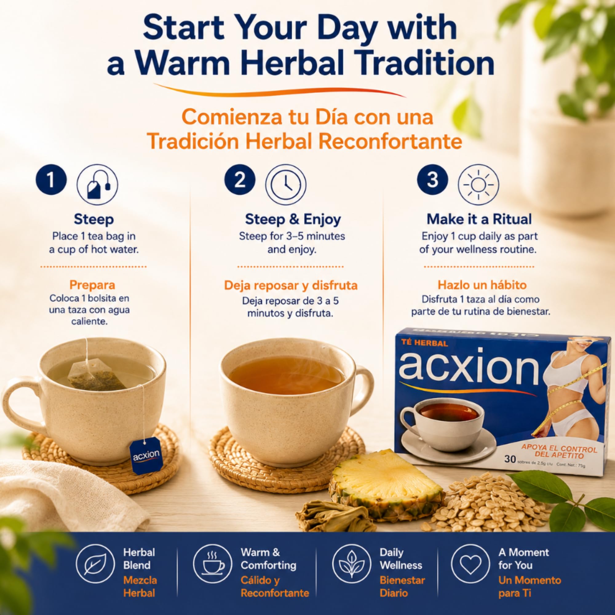 Acxion Herbal Pineapple & Green Tea Blend - Traditional Artichoke, Pu-erh & Oat Infusion - Refreshing Daily Wellness Tea, Box with 30 Tea Bags