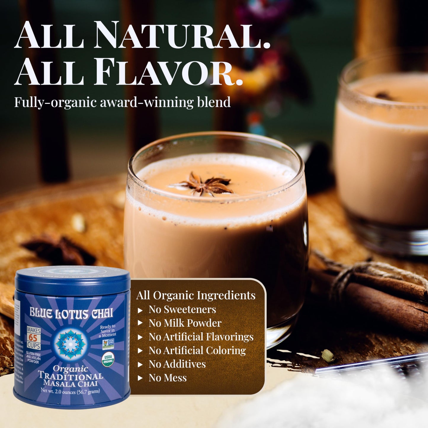 Blue Lotus Chai Tea - Fully Organic Traditional Masala Chai - Makes 65 Cups - 2 Ounce Masala Spiced Chai Powder with Organic Spices - Instant Indian