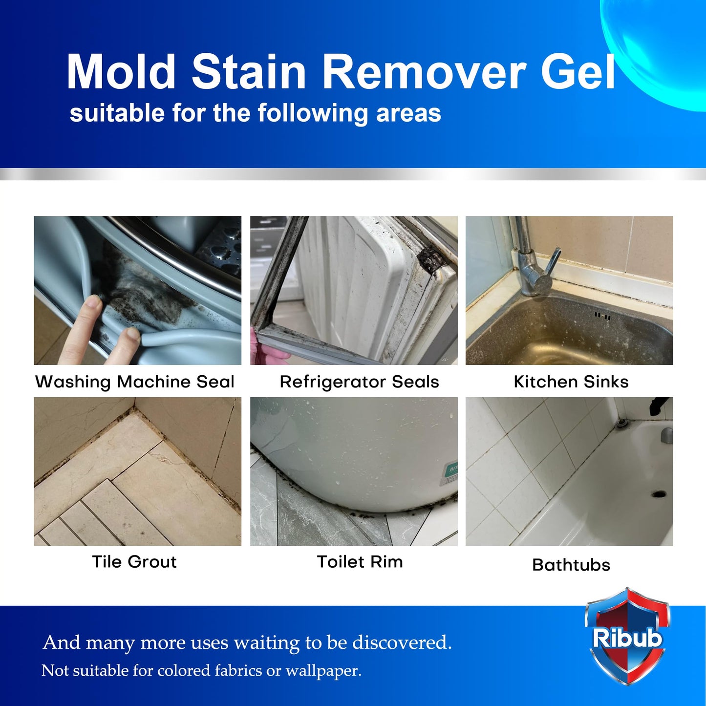 Ribub Mold Stain Remover Gel Heavy Duty Household Cleaning Gel for Washing Machine Seals, Fridge Gaskets, Bathroom & Kitchen Tile Grout, Sinks, Shower