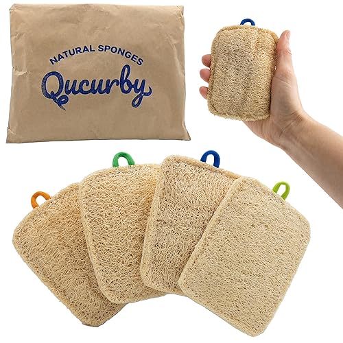 Qucurby All Natural Loofah Kitchen Sponge (4 Pack) - Eco Friendly Sponges - Compostable Sponge - Biodegradable Sponges Kitchen - Natural Sponges