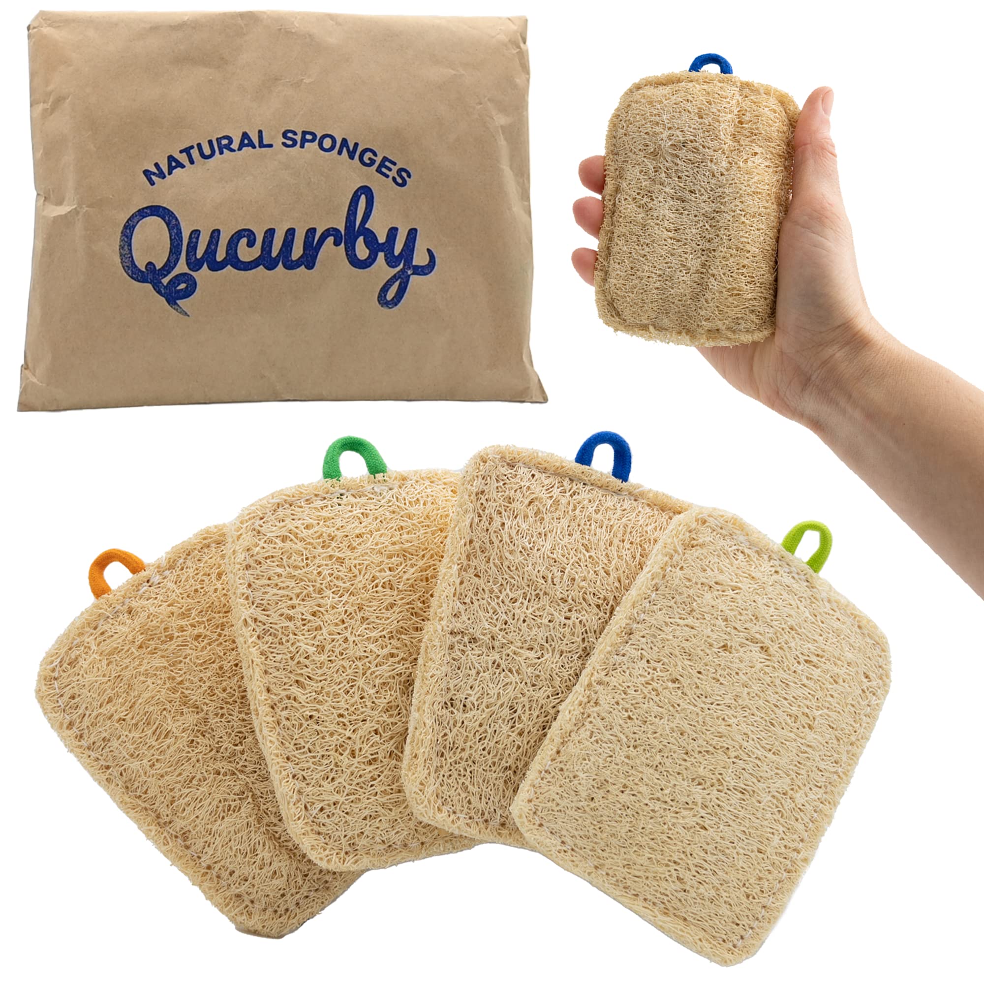 Qucurby All Natural Loofah Kitchen Sponge (4 Pack) - Eco Friendly Sponges - Compostable Sponge - Biodegradable Sponges Kitchen - Natural Sponges