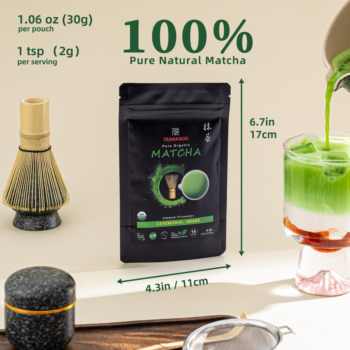 TEANAGOO Matcha Powder Ceremonial Grade, Premium Green Tea for Latte/Breakfast Beverage/Daily Green Tea, USDA Organic Ceremony Matcha Tea, Unsweetened