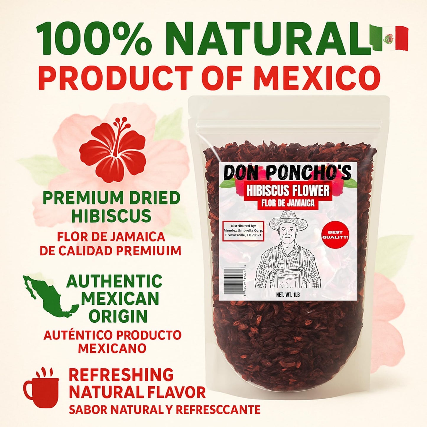 Don Ponchos Hibiscus Tea Organic 1Lb - Premium Hibiscus Flowers for Loose Leaf Tea - Flor de Jamaica for Refreshing, Aromatic Herbal Infusion - Ideal