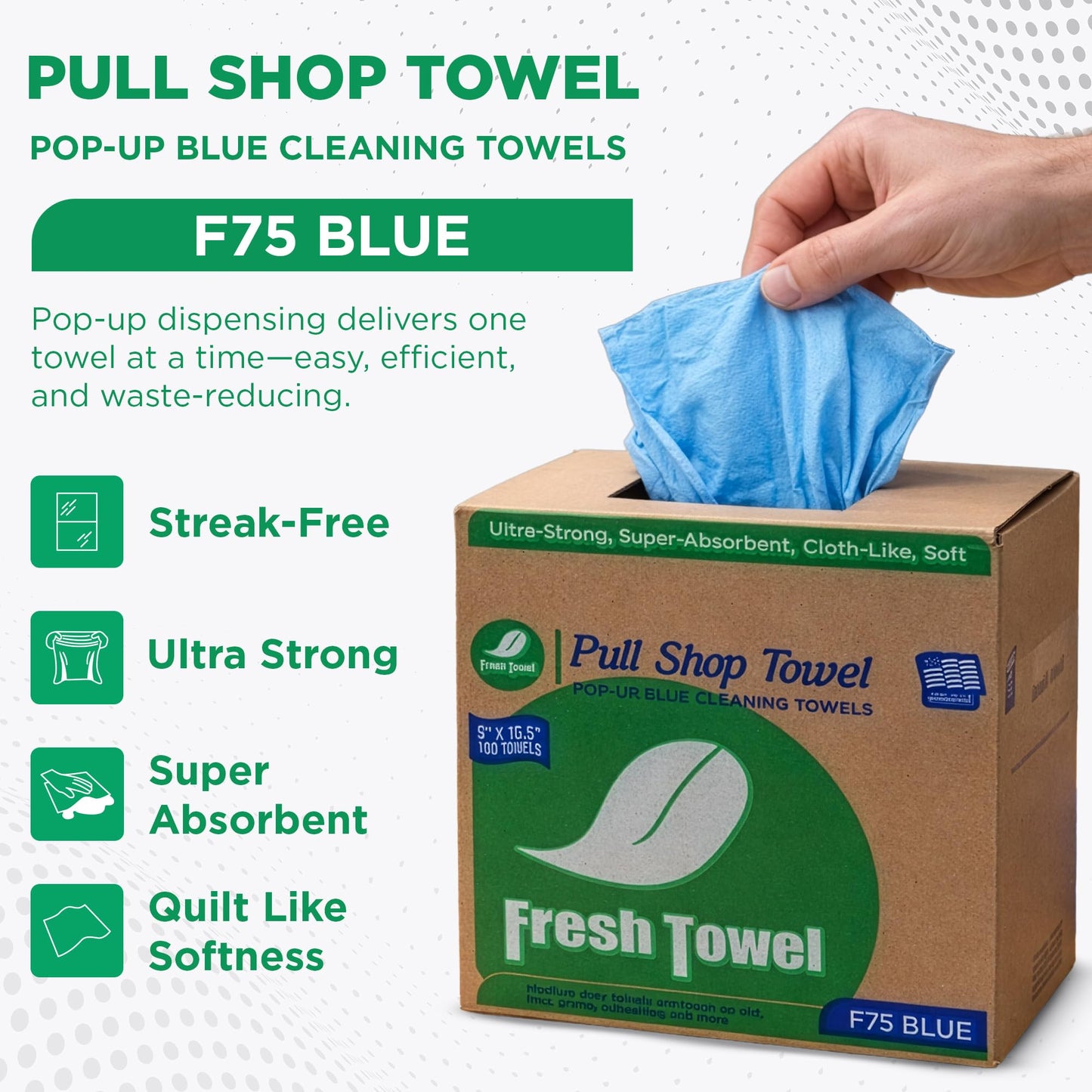 Fresh Towel Pop-Up Shop Towels - Medium Duty Blue Disposable Cleaning Cloths, 9" x 16.5" - 1 Box of 160 Soft, Absorbent Wipes for Garage, Janitorial