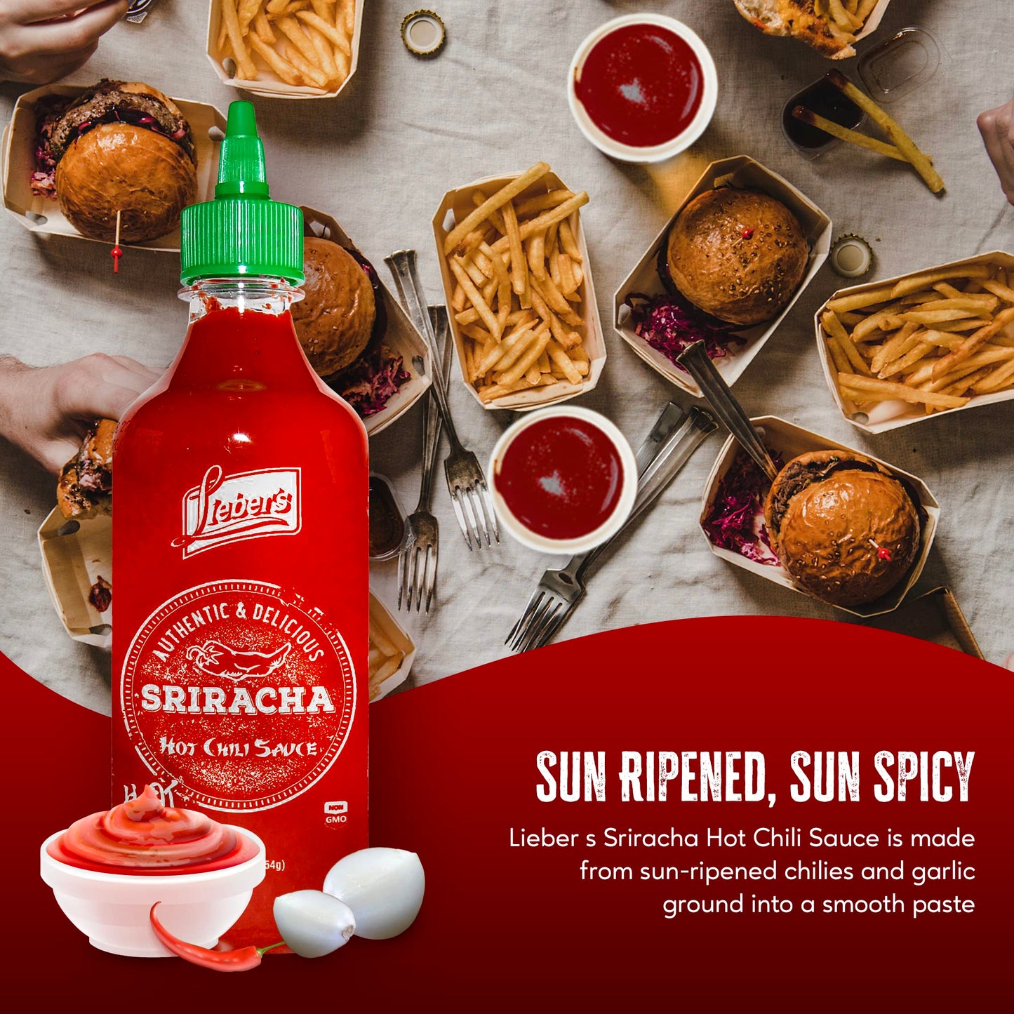 Lieber's Sriracha Hot Chili Sauce, Authentic And Delicious, Non-GMO, No MSG, Gluten-free, Cholesterol-free, and Vegan, NET WT. 1 lb (454g)