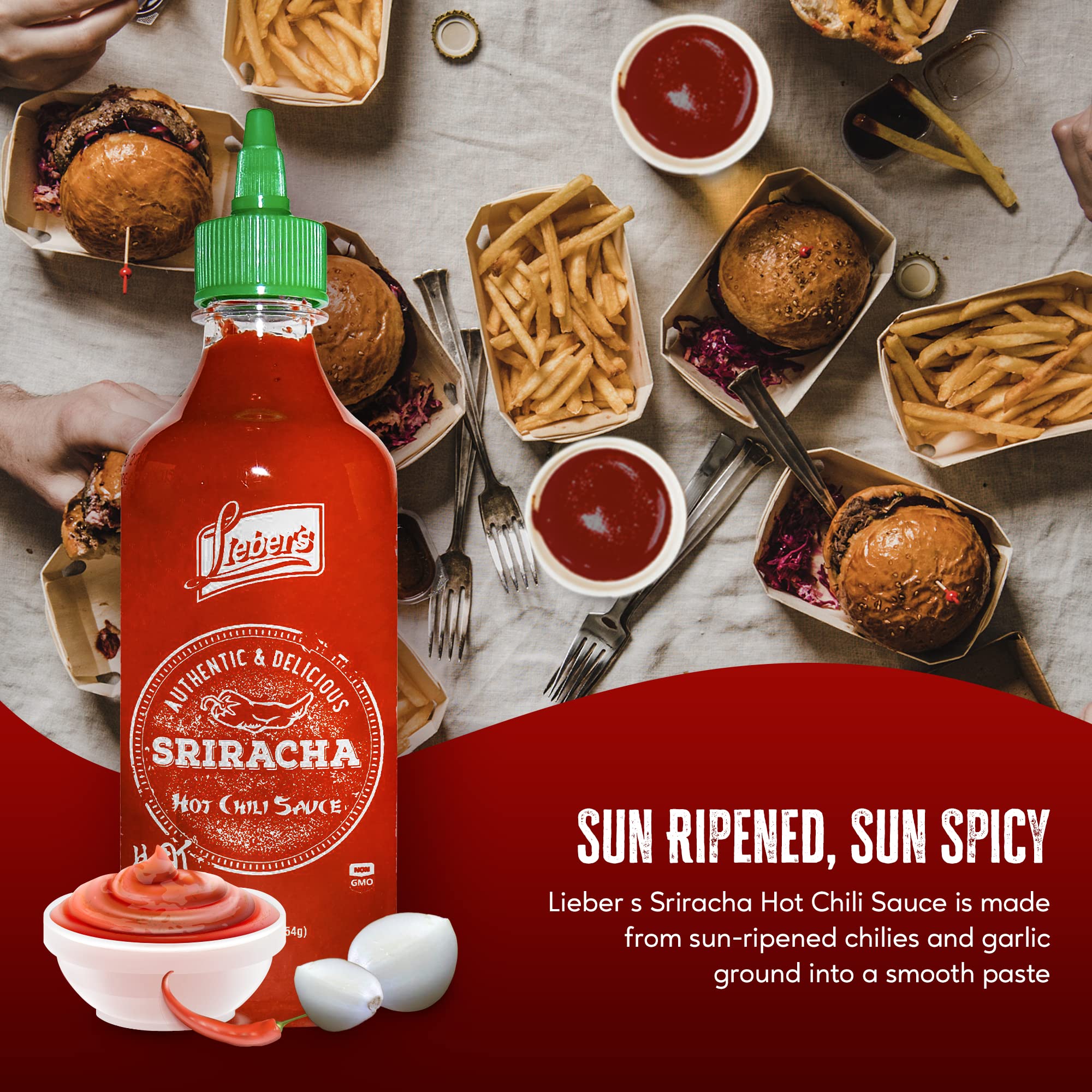 Lieber's Sriracha Hot Chili Sauce, Authentic And Delicious, Non-GMO, No MSG, Gluten-free, Cholesterol-free, and Vegan, NET WT. 1 lb (454g)