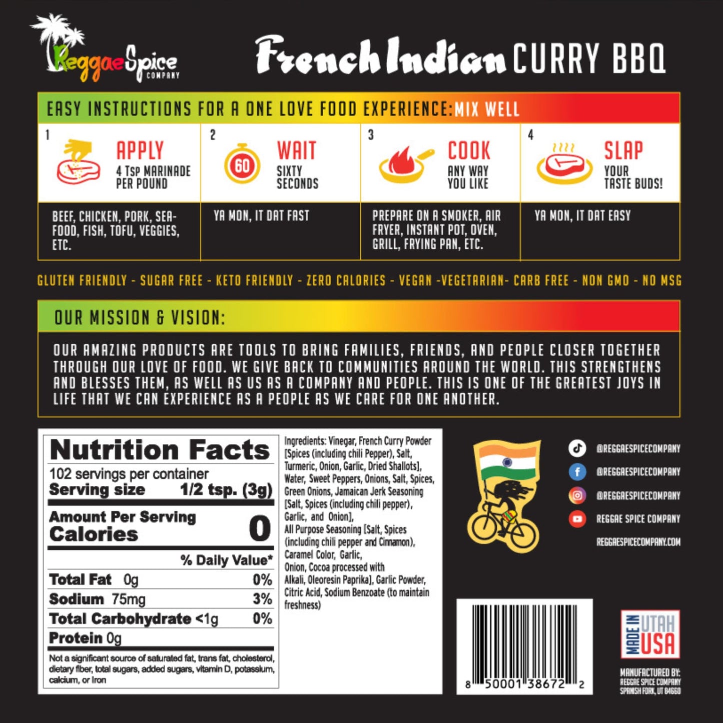 Reggae Spice French Indian Curry BBQ Marinade | 60-Second Authentic Wet Rub Seasoning Sauce for Cooking Meats | Gluten Free, Vegan, and Keto Friendly