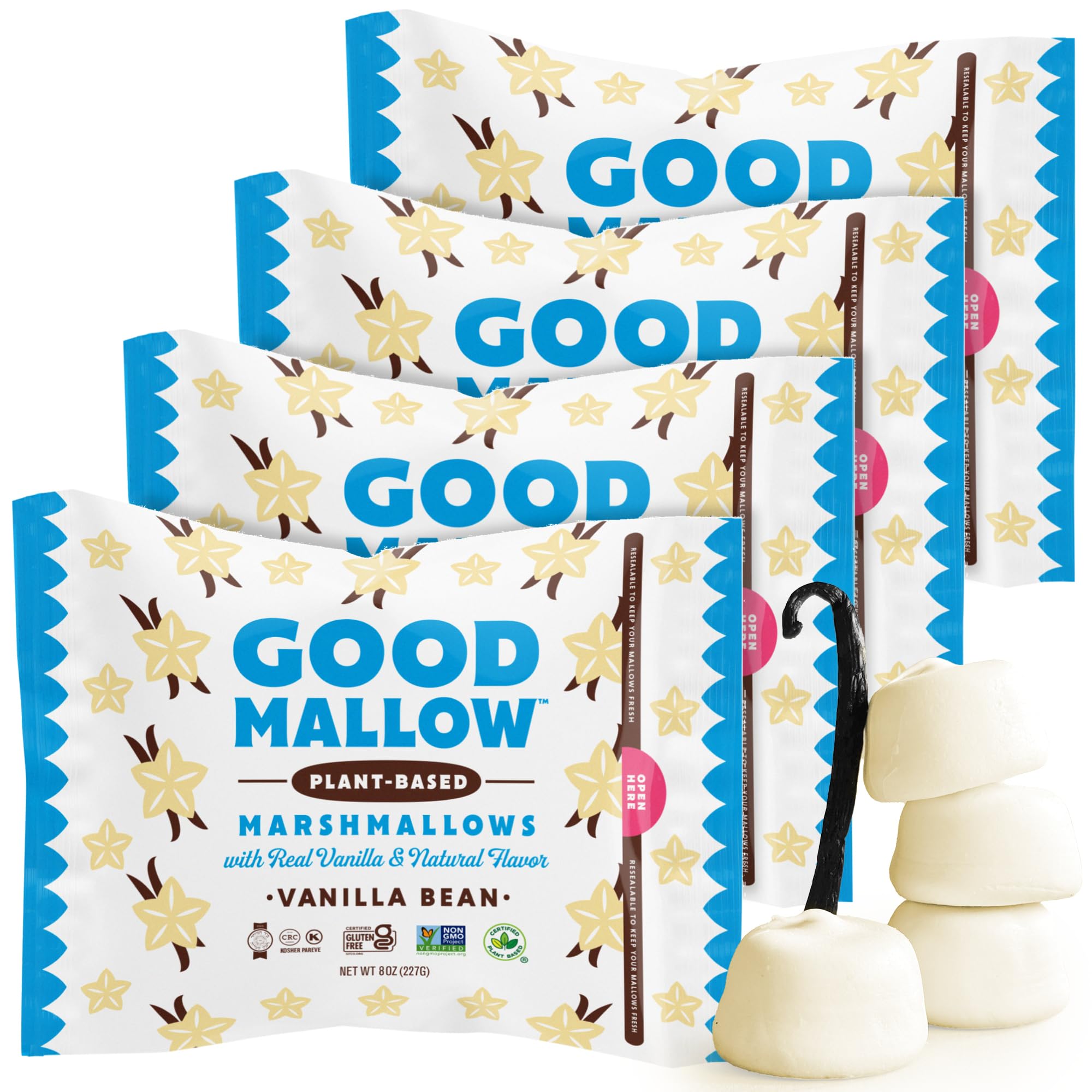 GoodMallow Vegan Marshmallows - Large Kosher Halal Gluten Free Dairy Free Healthy- 4 x 8oz. Natural Gelatin Free Marshmallows for Hot Chocolate
