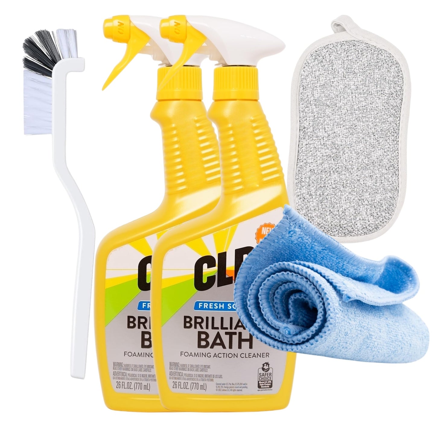 Cozy Home Luxe Bundle - 2 Pack CLR Brilliant Bath Cleaner Bundle With Microfiber Towel, Grout Brush & Scrub Sponge - 26oz CLR Bathroom Cleaner Spray
