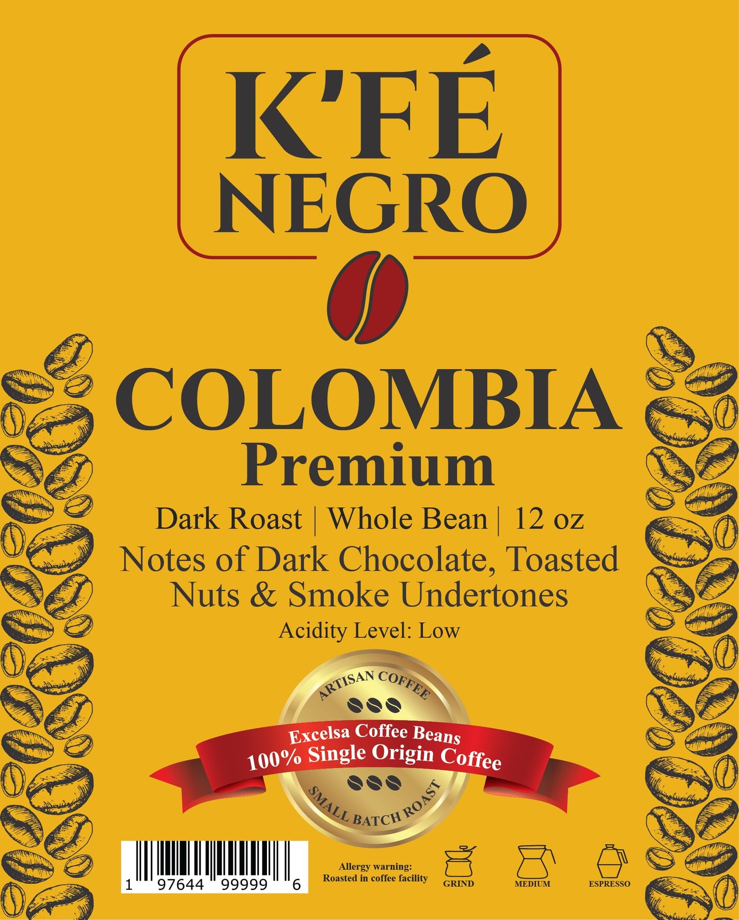 K’FE Negro Premium Colombia Excelsa Coffee Beans, Dark Roast Whole Bean, Single Origin, 12 oz