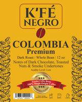 K’FE Negro Premium Colombia Excelsa Coffee Beans, Dark Roast Whole Bean, Single Origin, 12 oz