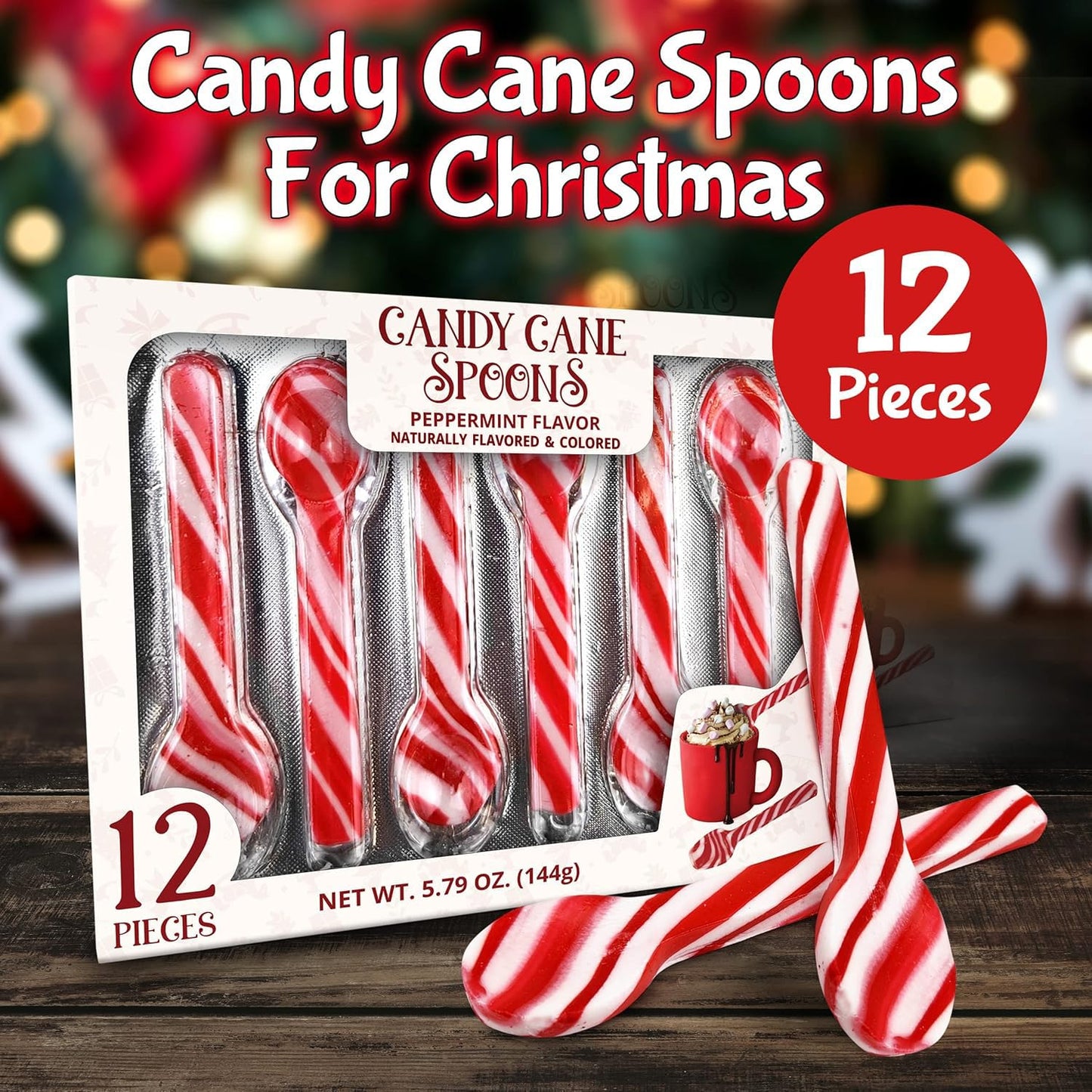 Peppermint Candy Cane Spoons Dye-Free - Pack of 12 Individually Wrapped Christmas Peppermint Flavored Hot Chocolate Spoons - Festive Holiday Treats