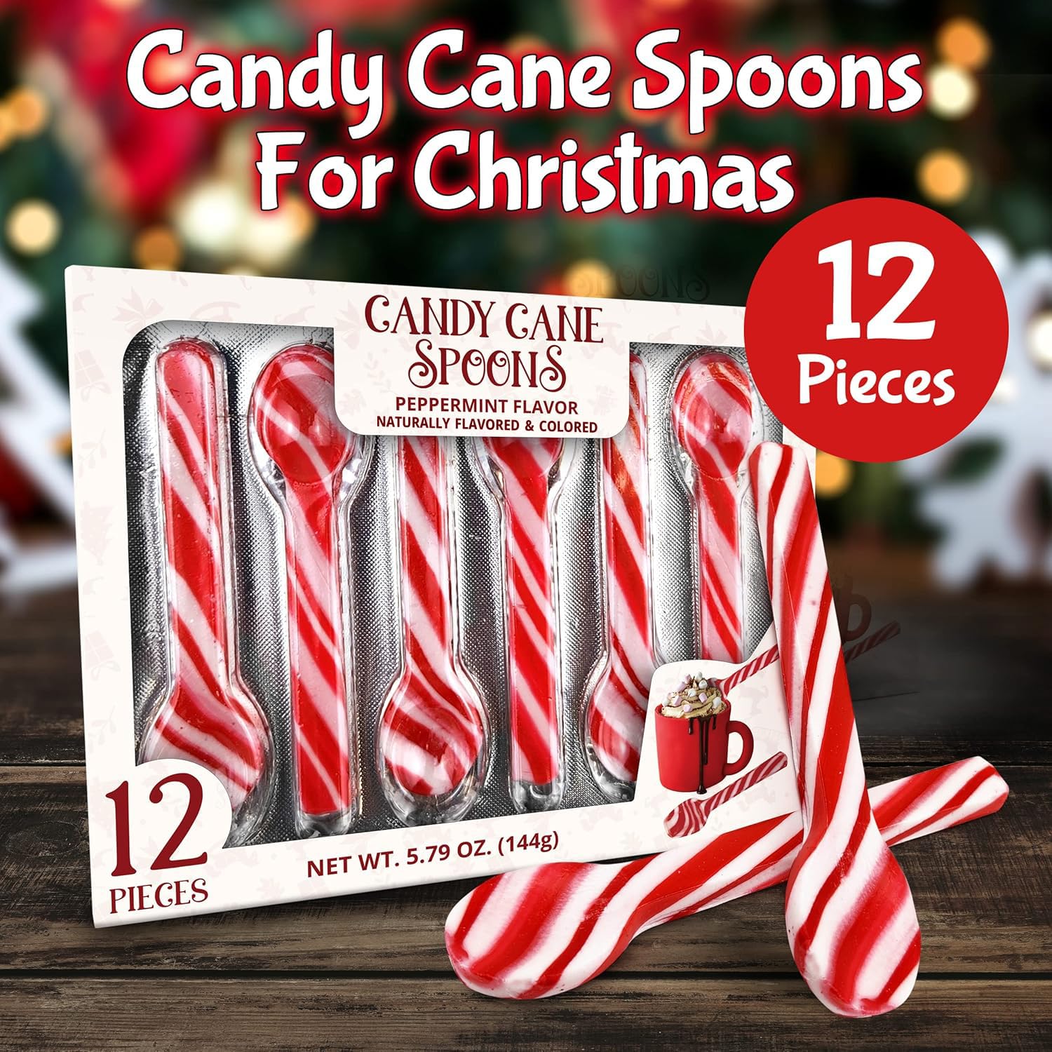 Peppermint Candy Cane Spoons Dye-Free - Pack of 12 Individually Wrapped Christmas Peppermint Flavored Hot Chocolate Spoons - Festive Holiday Treats