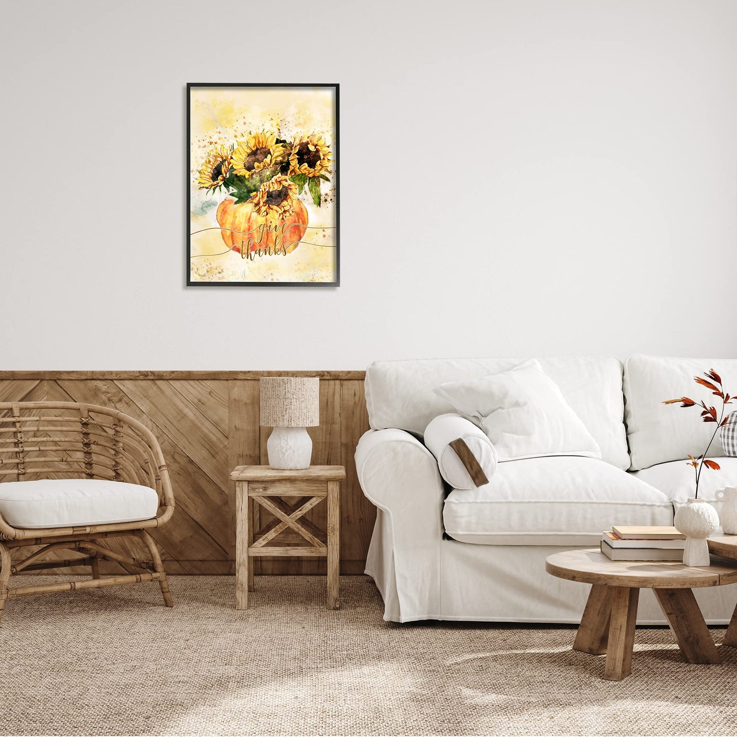 Stupell Industries Give Thanks Phrase Orange Pumpkin Sunflower Floral Burst, Design by Ziwei Li