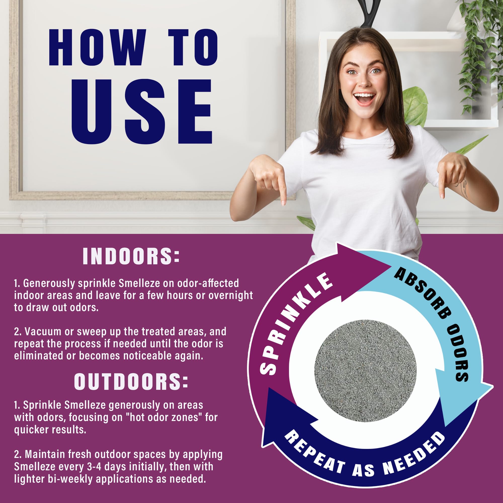 SMELLEZE Natural Cigarette Odor Eliminator Deodorizer: 2 lb. Powder Removes Smoking Stink