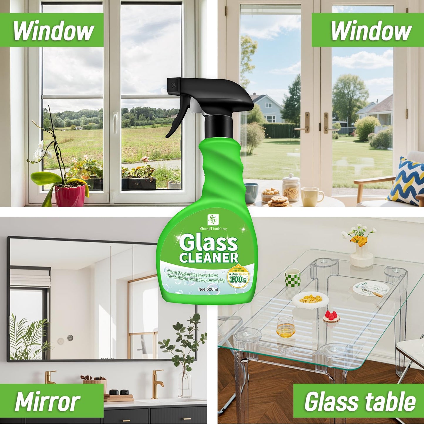 Glass Cleaner Spray,Window cleaner,Mirror cleaner- Streak-Free & Fast Drying Formula for Windows, Mirrors & Shower Doors | Ammonia-Free, 17oz (Pack