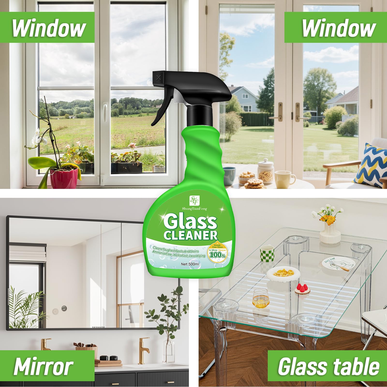 Glass Cleaner Spray,Window cleaner,Mirror cleaner- Streak-Free & Fast Drying Formula for Windows, Mirrors & Shower Doors | Ammonia-Free, 17oz (Pack