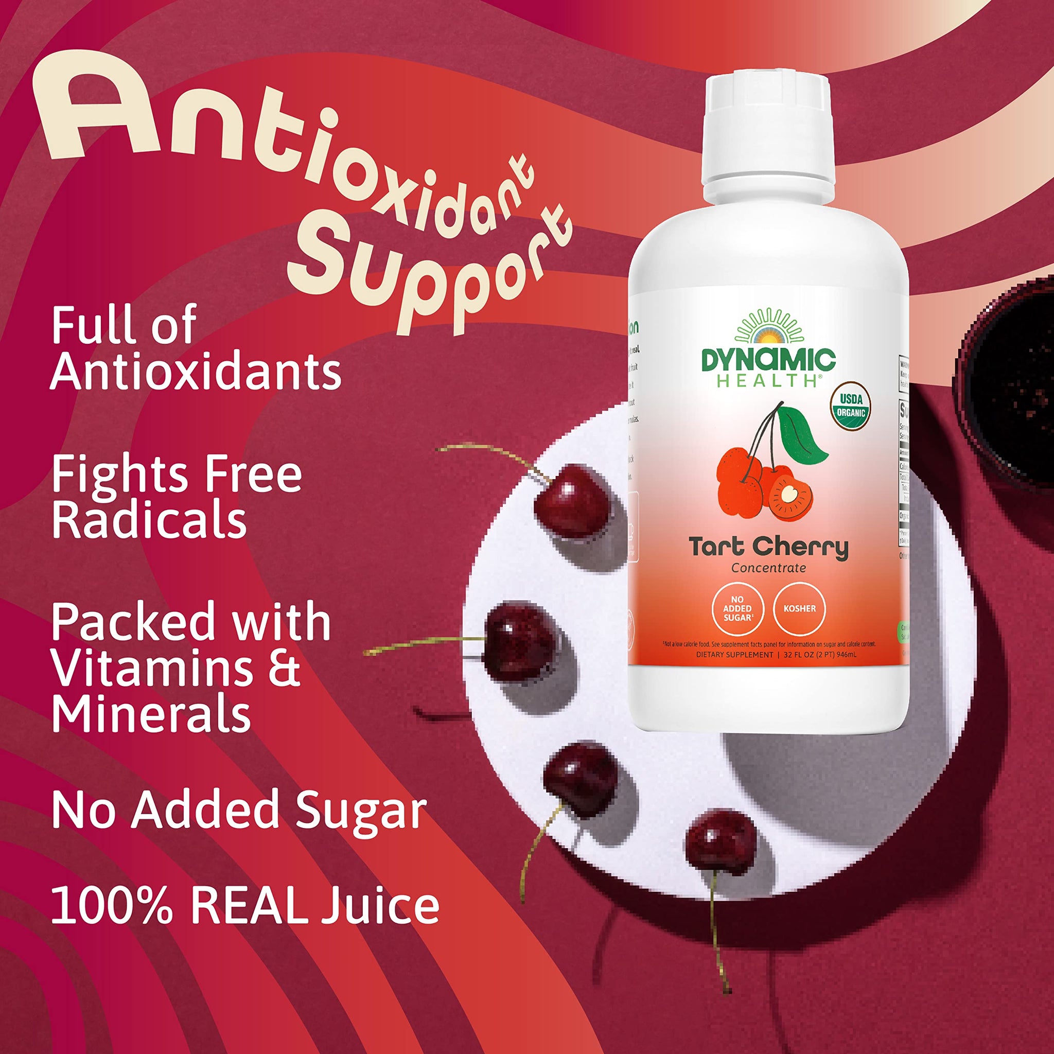 Dynamic Health Organic Tart Cherry Juice, Unsweetened 100% Juice Concentrate, Antioxidants Supplement, No Sweeteners or Additives, Vegan, Gluten Free