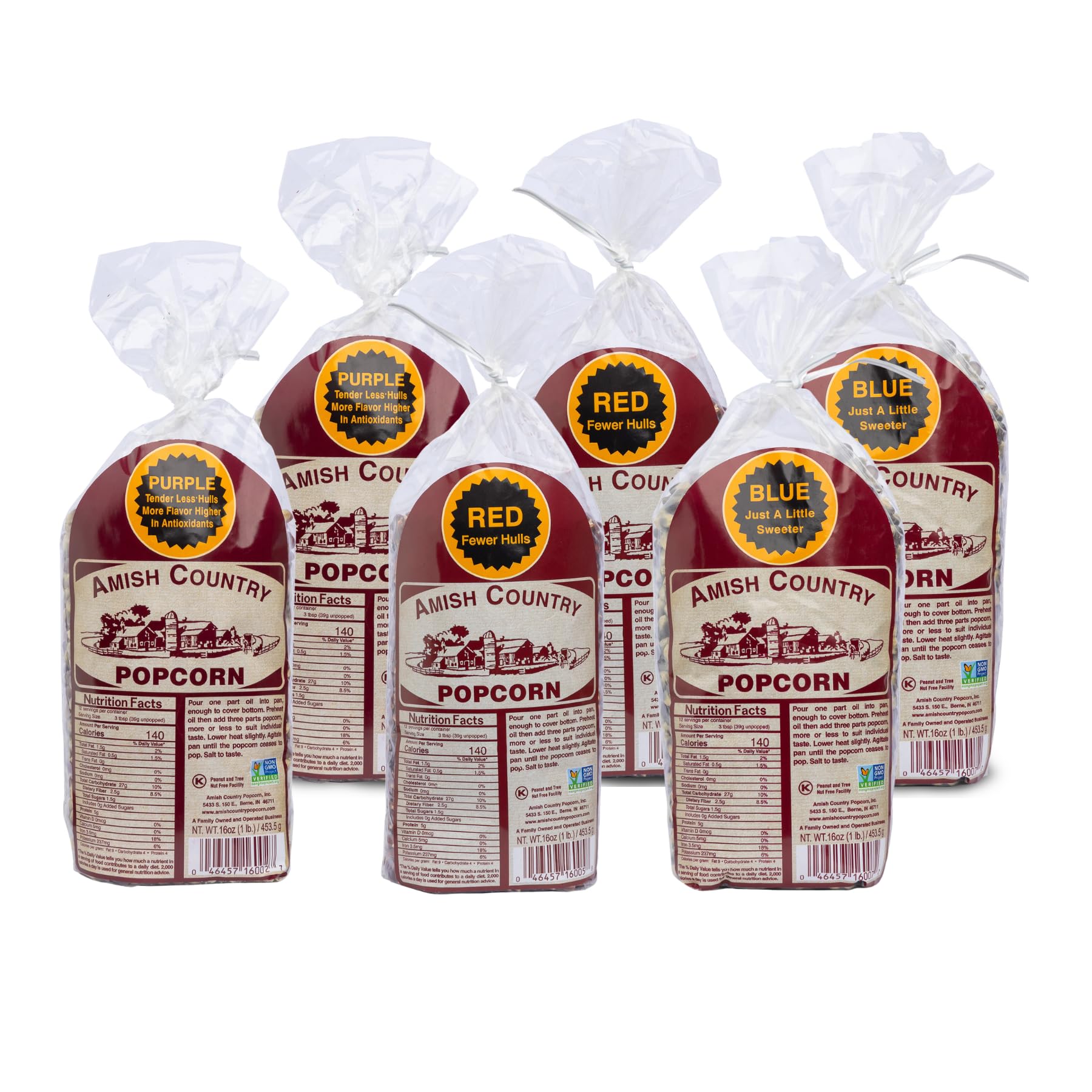 Amish Country Popcorn | 6-1 lb Bags | Variety Bundle | 2-1 lb Bags Purple - 2-1 lb Bags Red and 2-1 lb Bags Blue Popcorn Kernels | Old Fashioned
