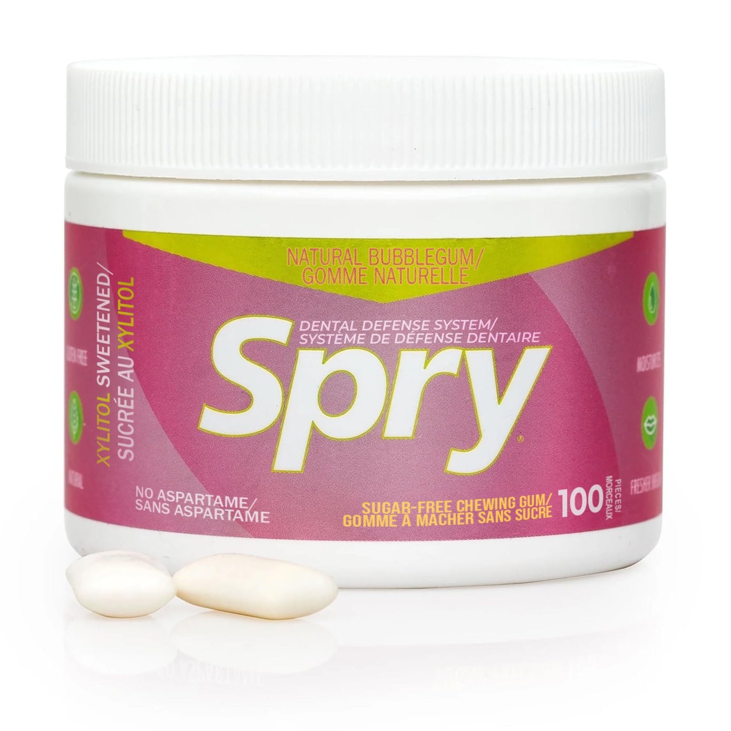 Spry Fresh Natural Xylitol Chewing Gum Dental Defense System - Aspartame-Free, Sugar-Free, Non-GMO, Gluten-Free (Bubble Gum, 100 Count - Pack of 1)