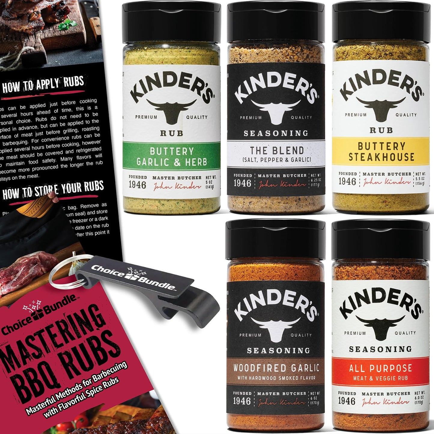 Kinders Buttery Garlic & Herb Woodfired Garlic The Blend Buttery Steakhouse All Purpose Seasoning & Rub 5 pk (28.75 oz) + BBQ Masters & Opener (7