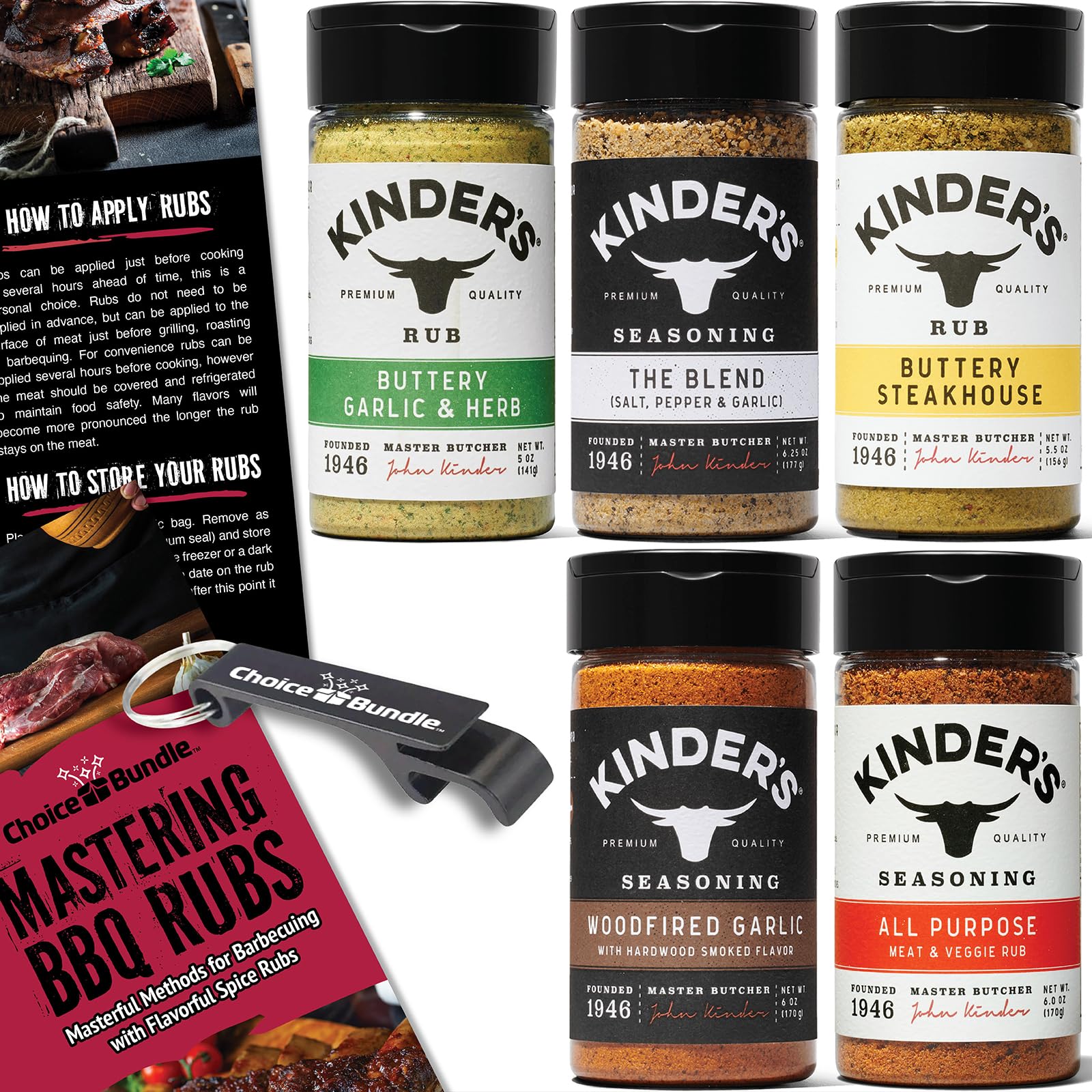 Kinders Buttery Garlic & Herb Woodfired Garlic The Blend Buttery Steakhouse All Purpose Seasoning & Rub 5 pk (28.75 oz) + BBQ Masters & Opener (7