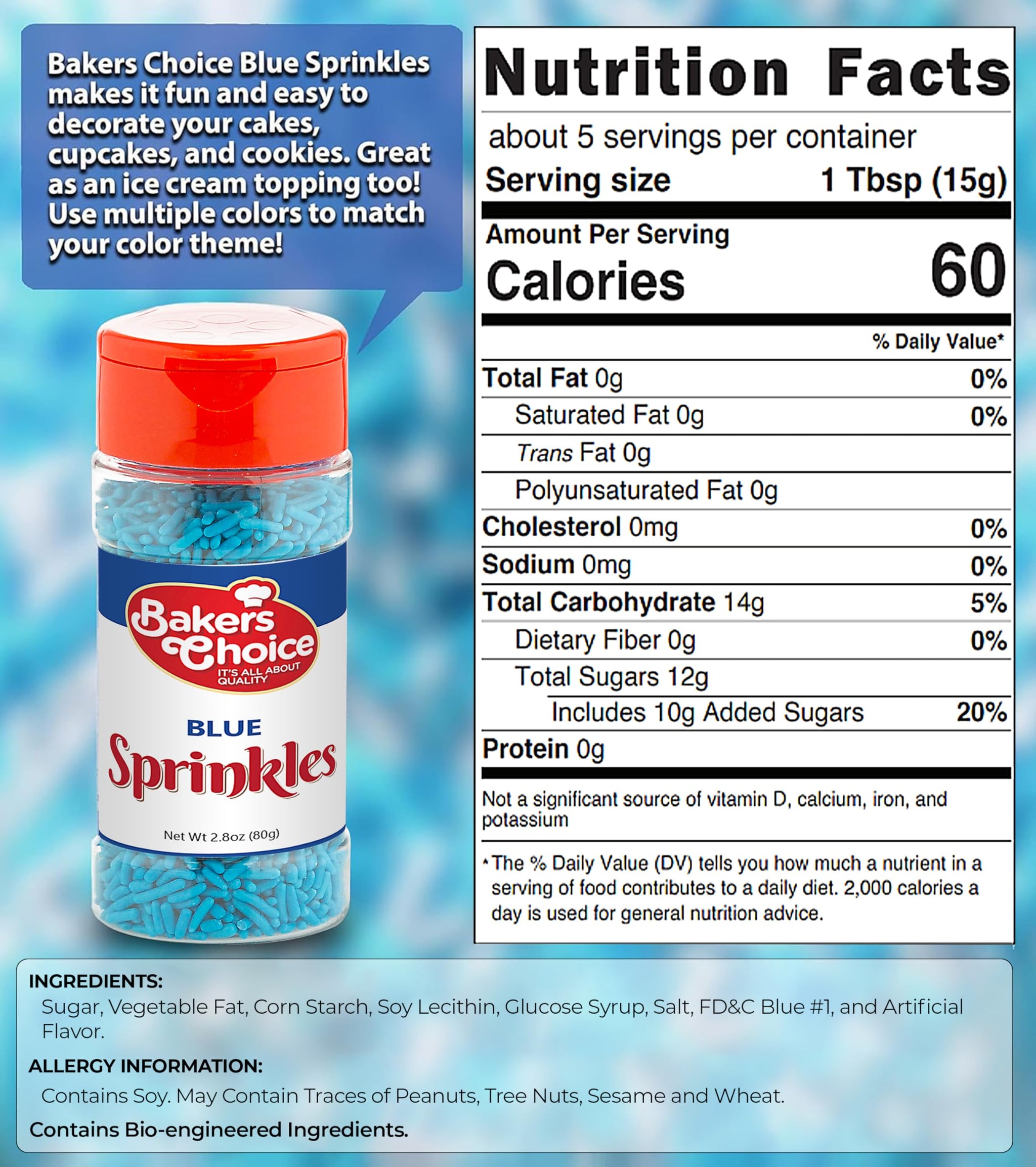 Baker’s Choice, Blue Sprinkles, Dairy-free, 2.8 oz