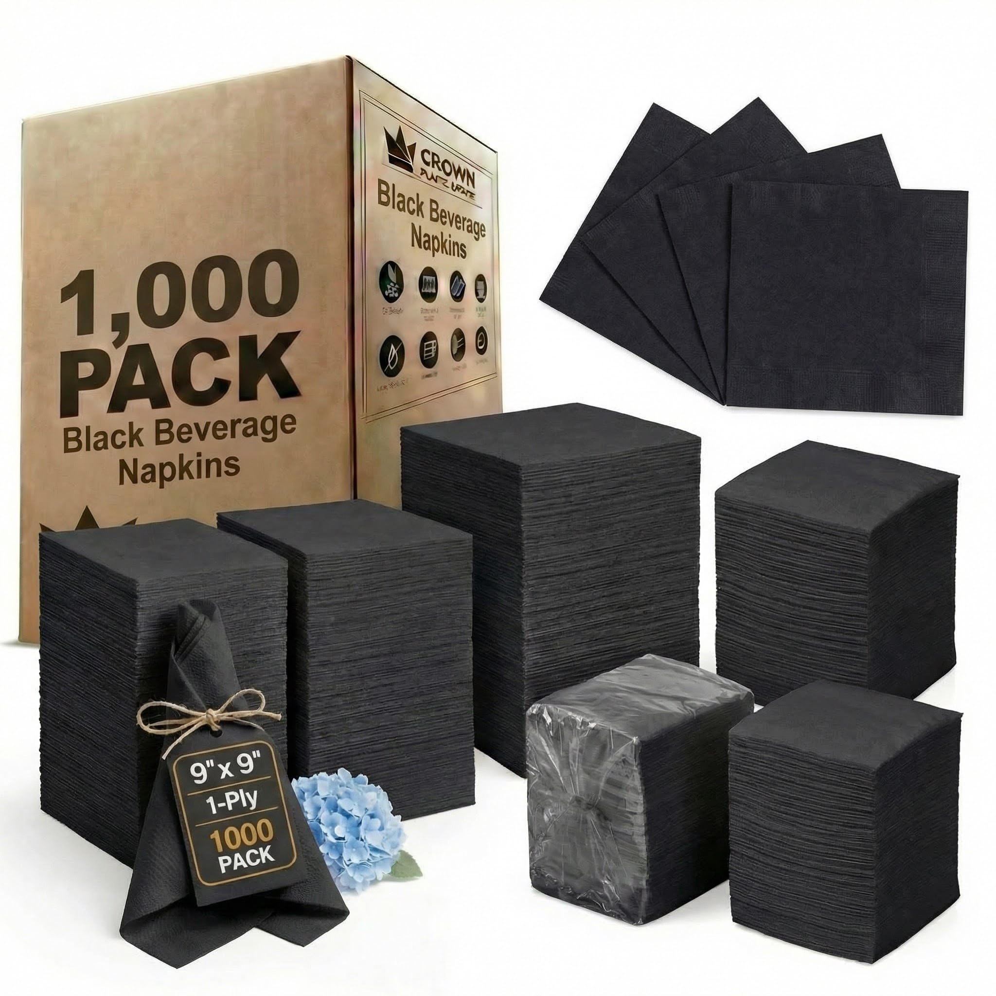 2-Ply Black Beverage Napkins with Standard 9x9 - Disposable Cocktail Napkins Suitable for Everyday Use - Fit Offices, Cafeterias & Restaurants - 1000