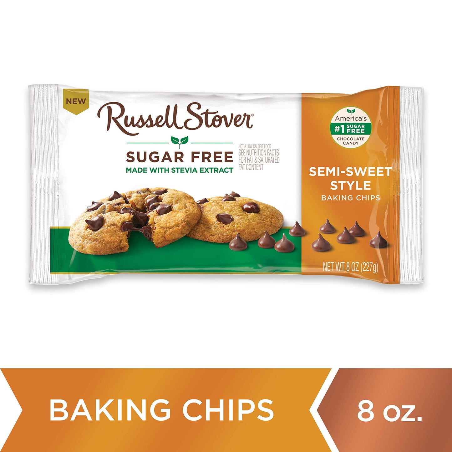 Russell Stover Sugar Free Semi-Sweet Baking Chips, 8 oz. Bag, Brown