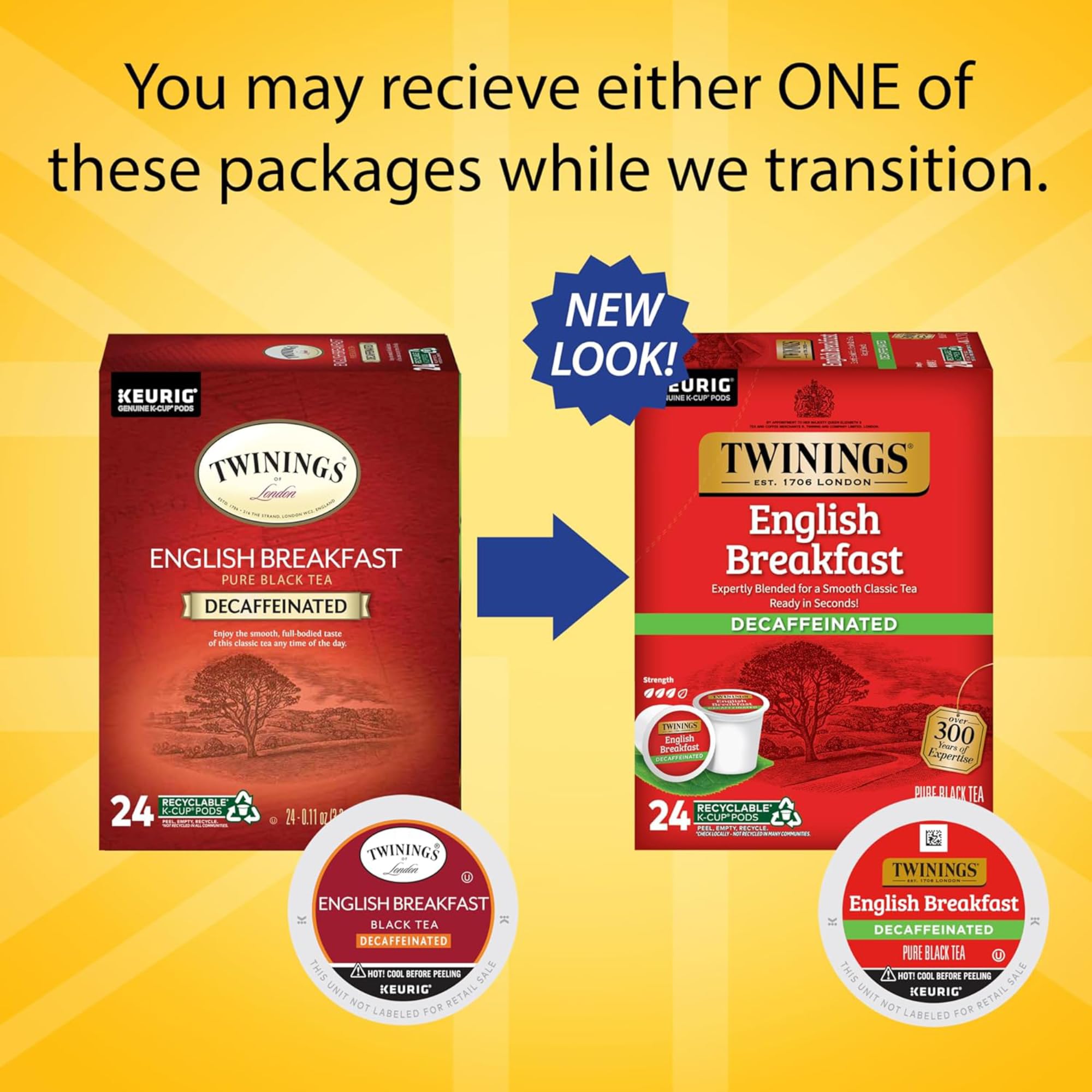 Twinings Decaf English Breakfast Tea K-Cup Pods for Keurig, Naturally Decaffeinated Black Tea, Smooth, Flavourful, Robust, 24 Count (Pack of 4)