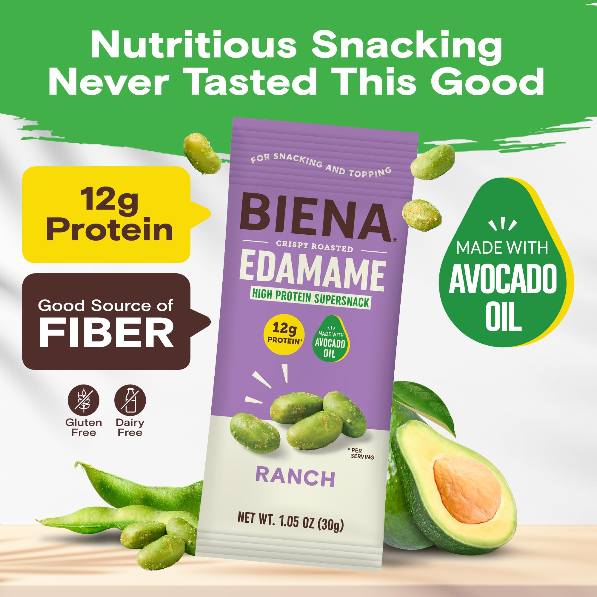 Biena Crispy Roasted Edamame Beans Snack - High Protein Low Carb Snack for Adults & Kids, 12g Protein per Serving - Made w/Avocado Oil - Vegan