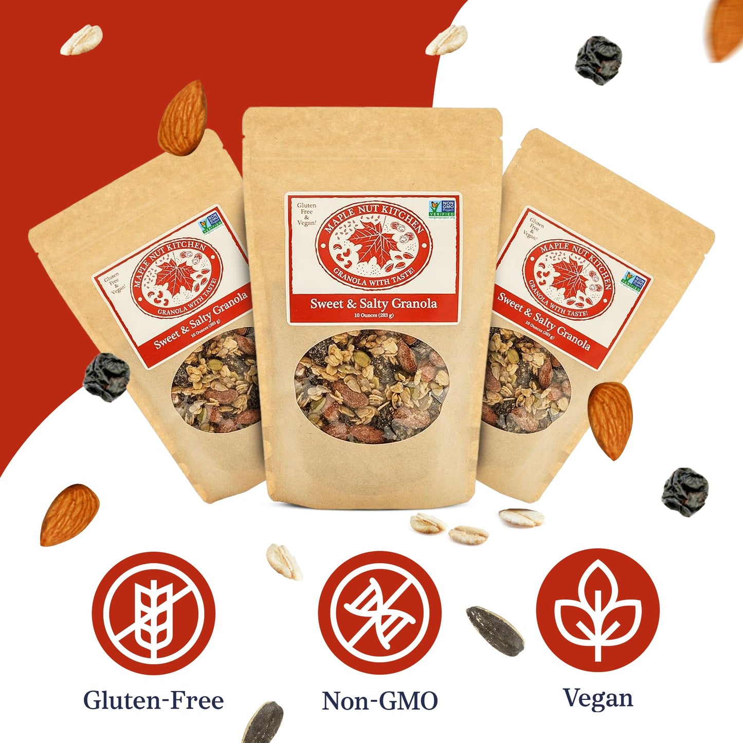 Maple Nut Kitchen Sweet & Salty Granola - 3 Pack | Gluten-Free Granola with Maple-Roasted Almonds, Dark Chocolate, Pumpkin Seeds & Cherries | Crunchy