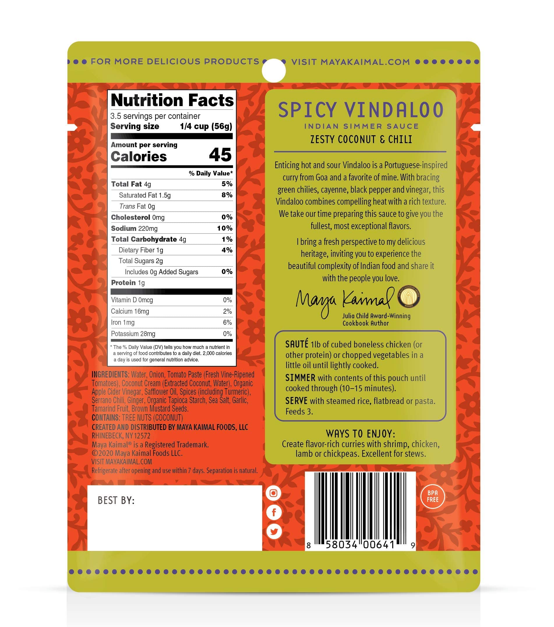 MAYA KAIMAL Spicy Vindaloo Simmer Sauce | 7oz Easy Pour Pouch | Spicy Indian Simmer Sauce with Zesty Coconut and Chili, Vegan, Gluten Free,